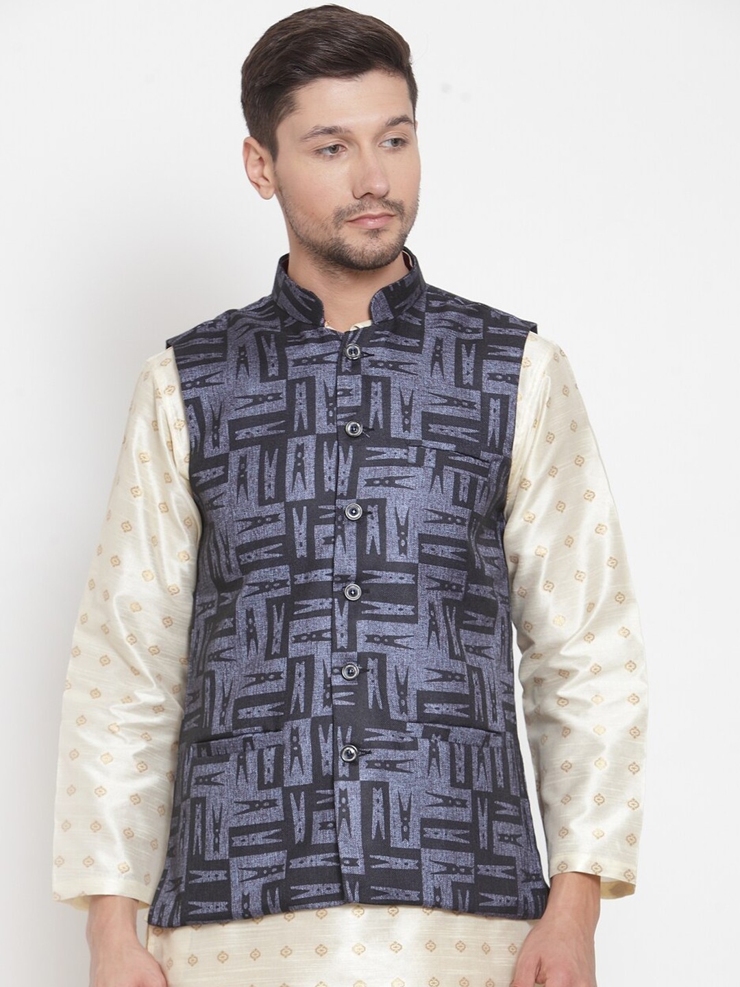 

KLOTTHE Men Charcoal Black & Grey Woven-Design Wool Blend Nehru Jacket