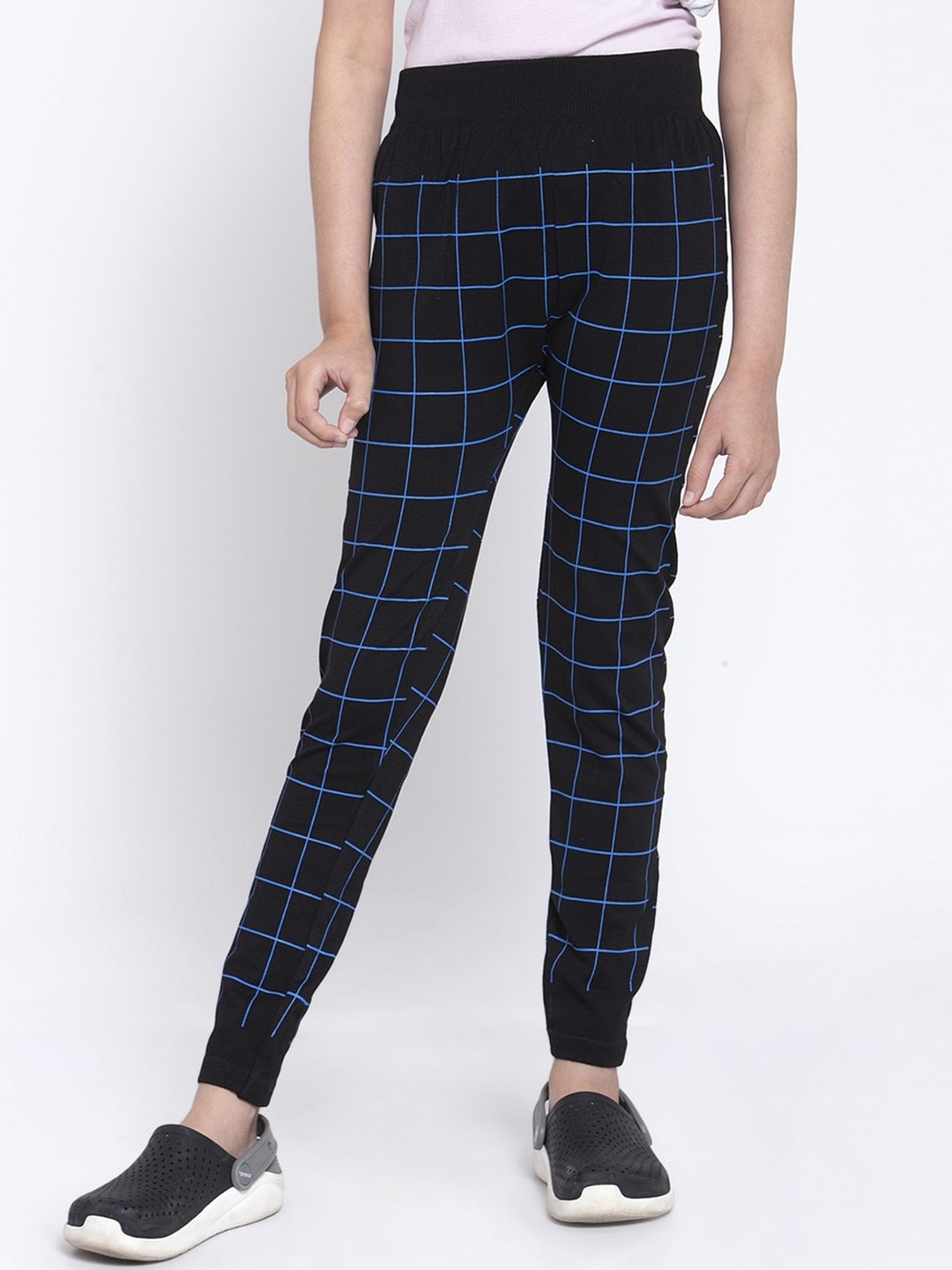

KLOTTHE Girls Black & Blue Checked Slim-Fit Ankle-Length Treggings