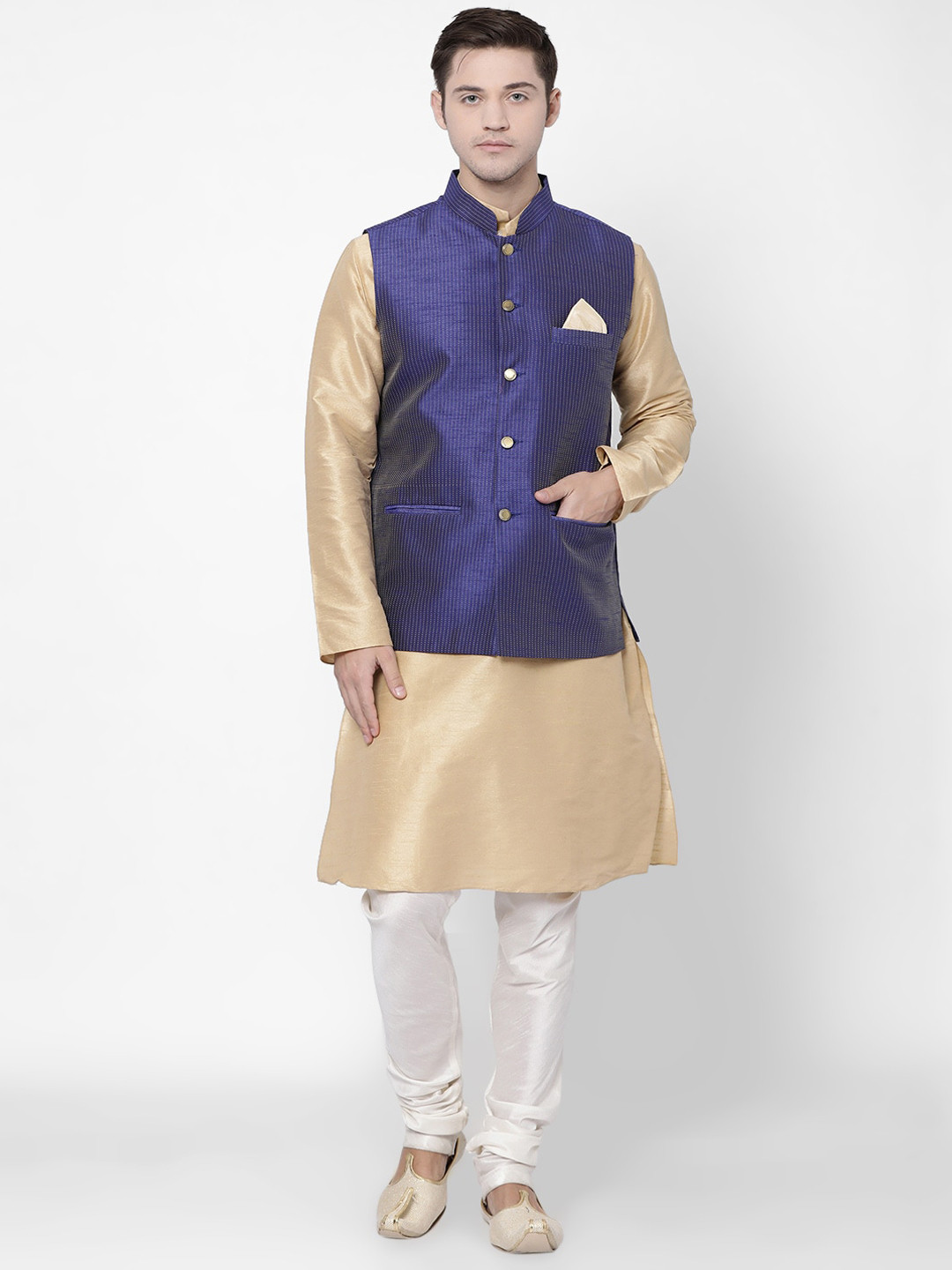 

TABARD Men Beige & Purple Solid Kurta with Churidar & Nehru Jacket