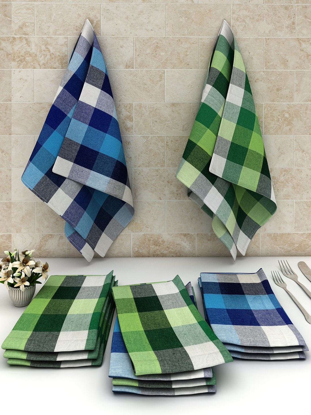 

Athom Trendz Set Of 12 Checked Cotton Multipurpose Kitchen Towels, Green