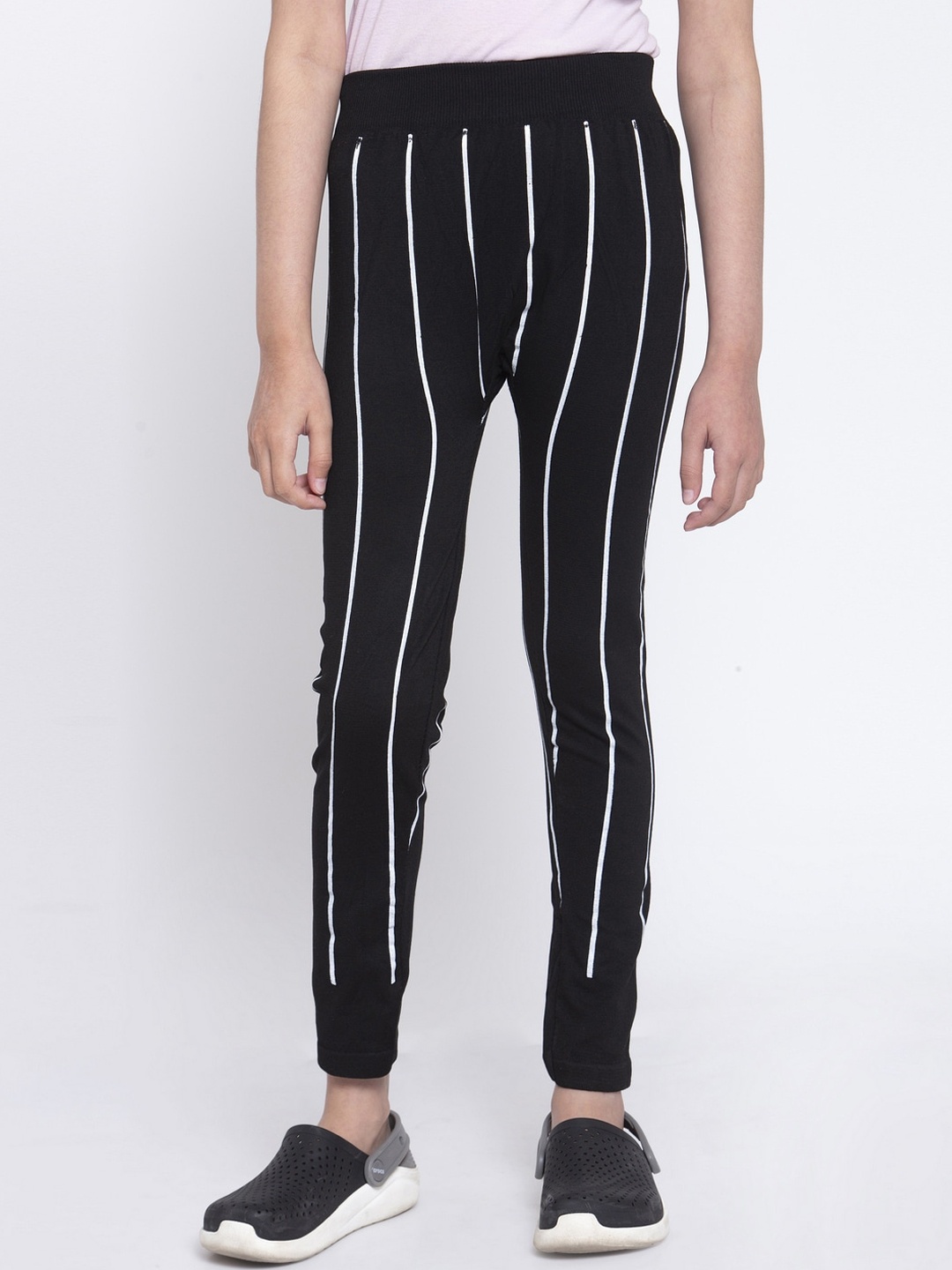 

KLOTTHE Girls Black & White Striped Slim-Fit Ankle-Length Treggings