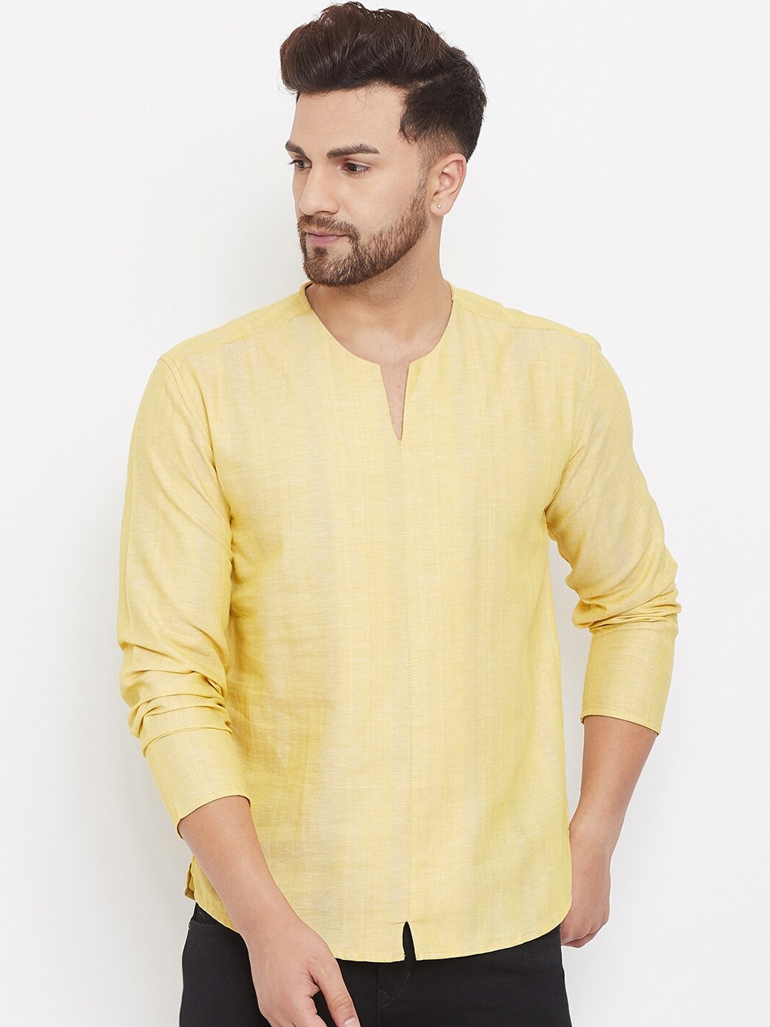 even Men Yellow Solid Straight Linen Kurta