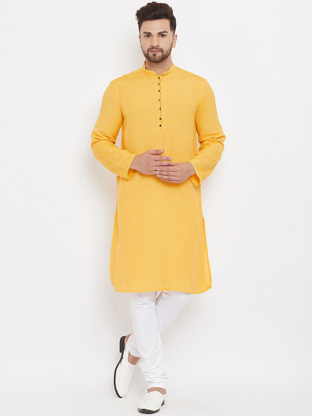 

even Men Yellow Solid Pure Cotton Kurta