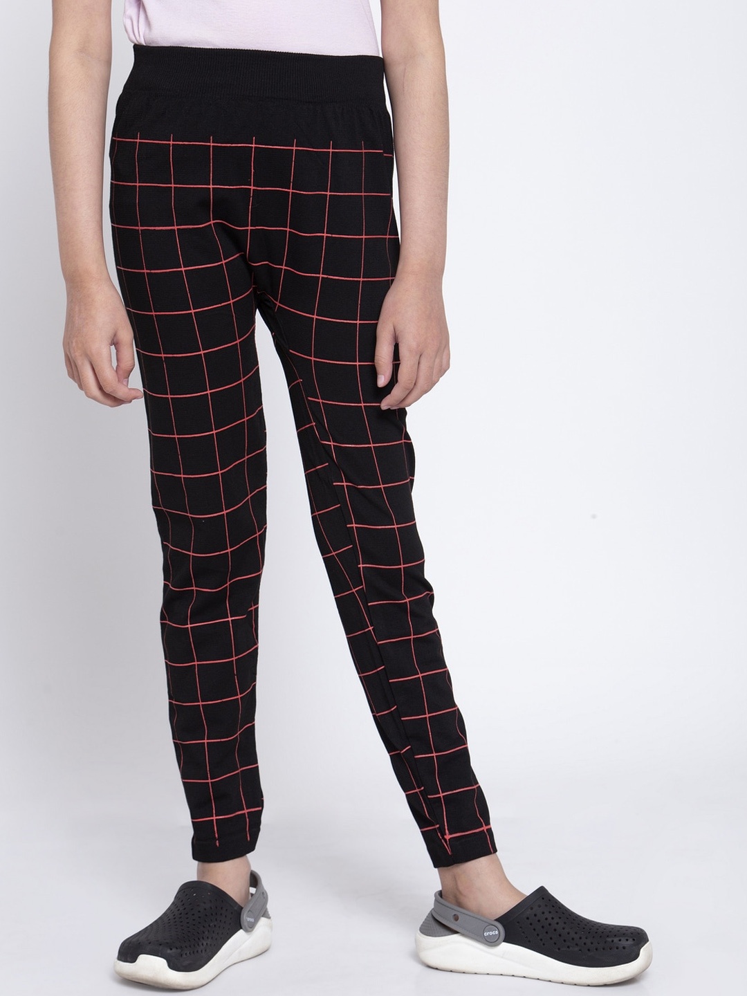 KLOTTHE Girls Black & Pink Checked Slim-Fit Treggings
