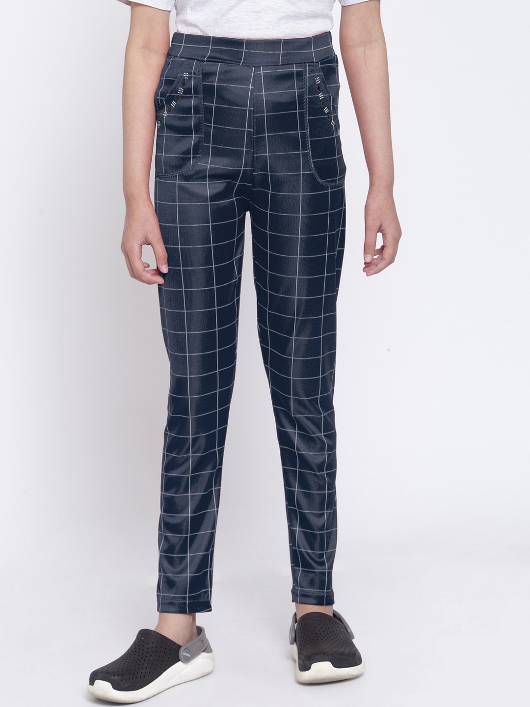 

KLOTTHE Girls Navy Blue & White Checked Slim Fit Jeggings