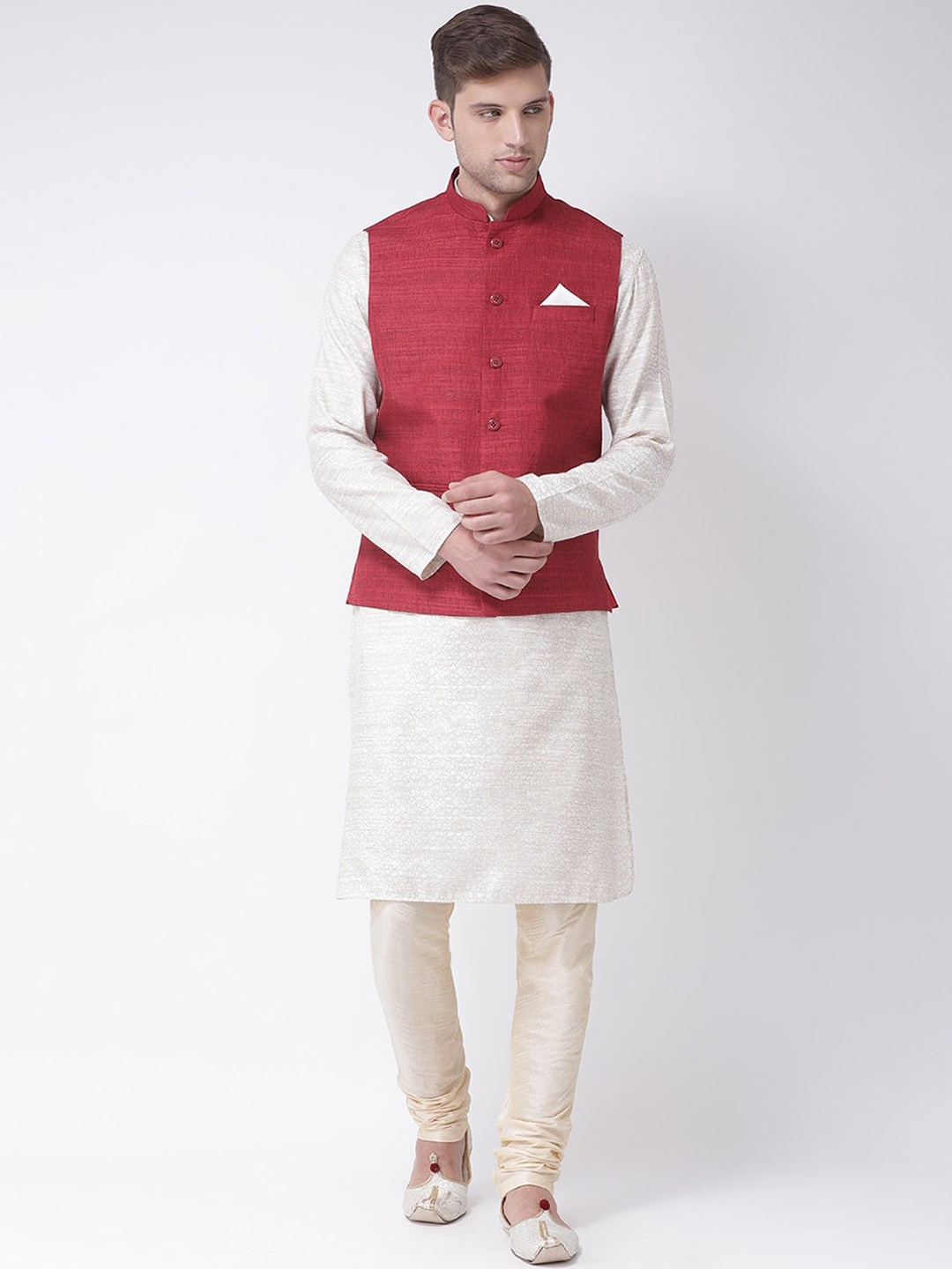 

TABARD Men White & Maroon Solid Kurta with Churidar & Nehru Jacket