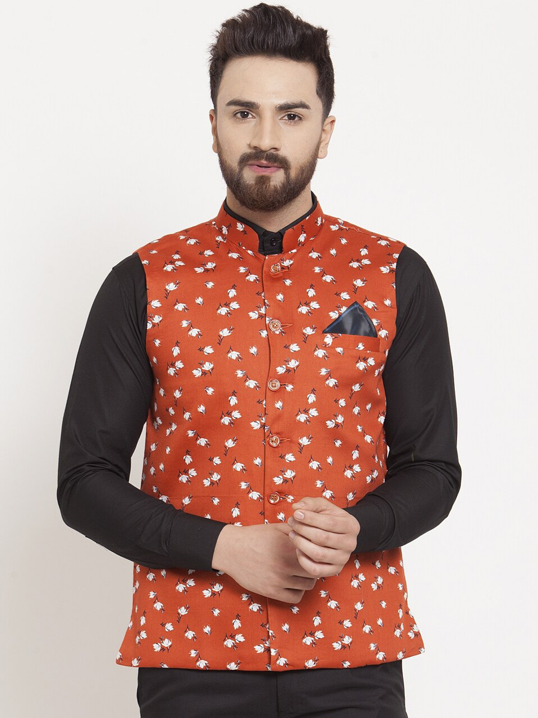 

KLOTTHE Men Orange & White Printed Cotton Linen Nehru Jacket