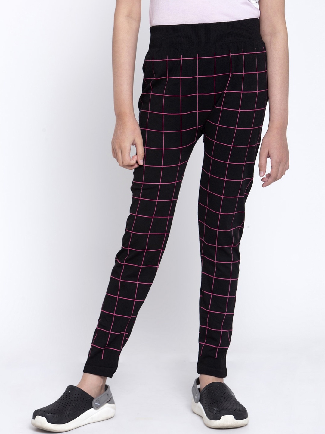 

KLOTTHE Girls Black & Pink Checked Ankle-Length Slim-Fit treggings