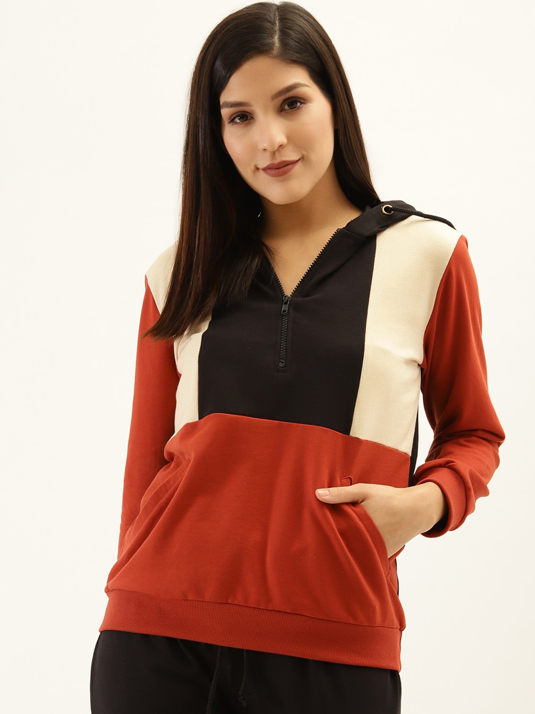 

Laabha Women Brown & Black Colourblocked Hooded Sweatshirt