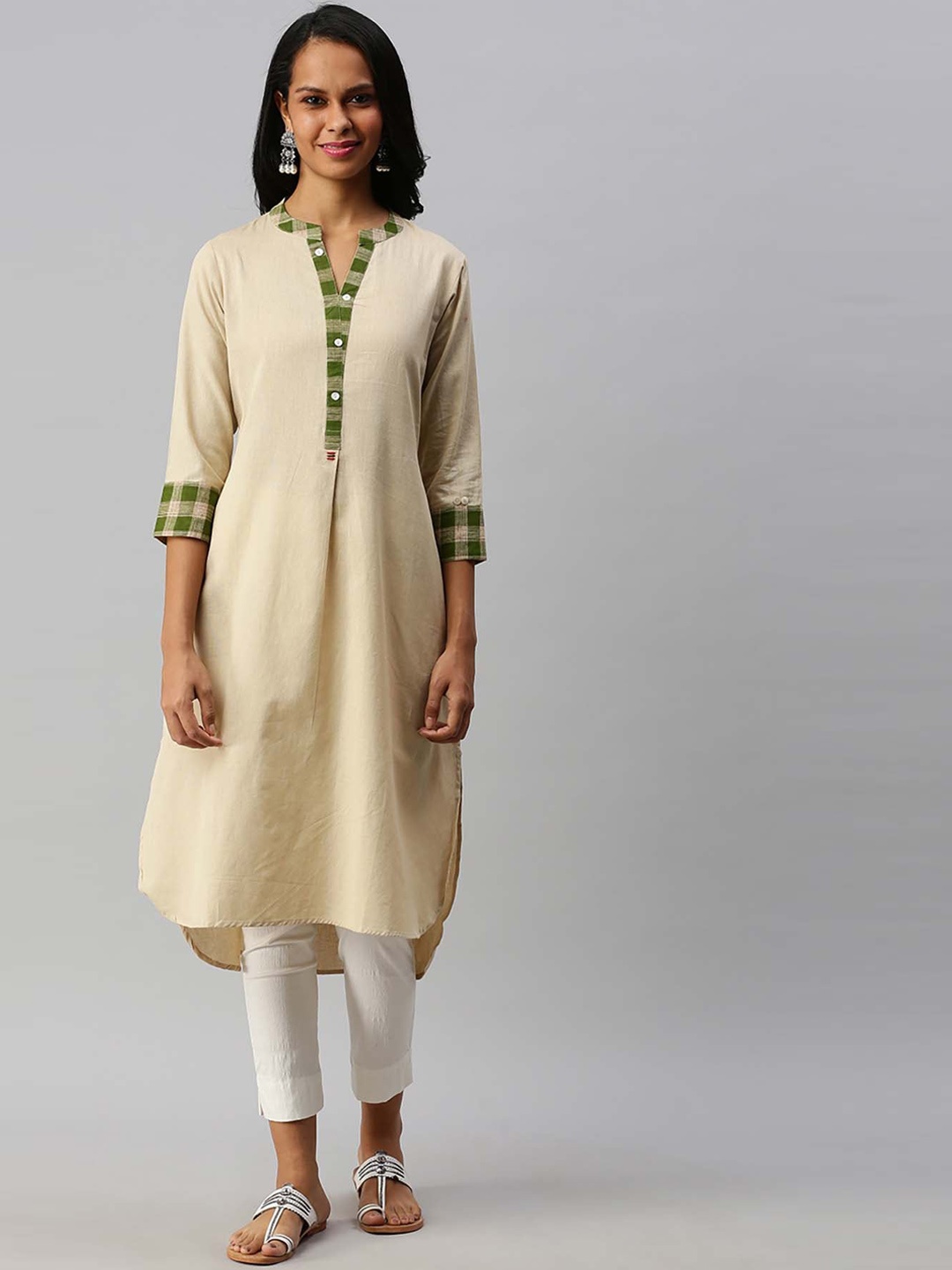 

Soch Women Beige Solid High-Low Hem Kurta with Checked Detail