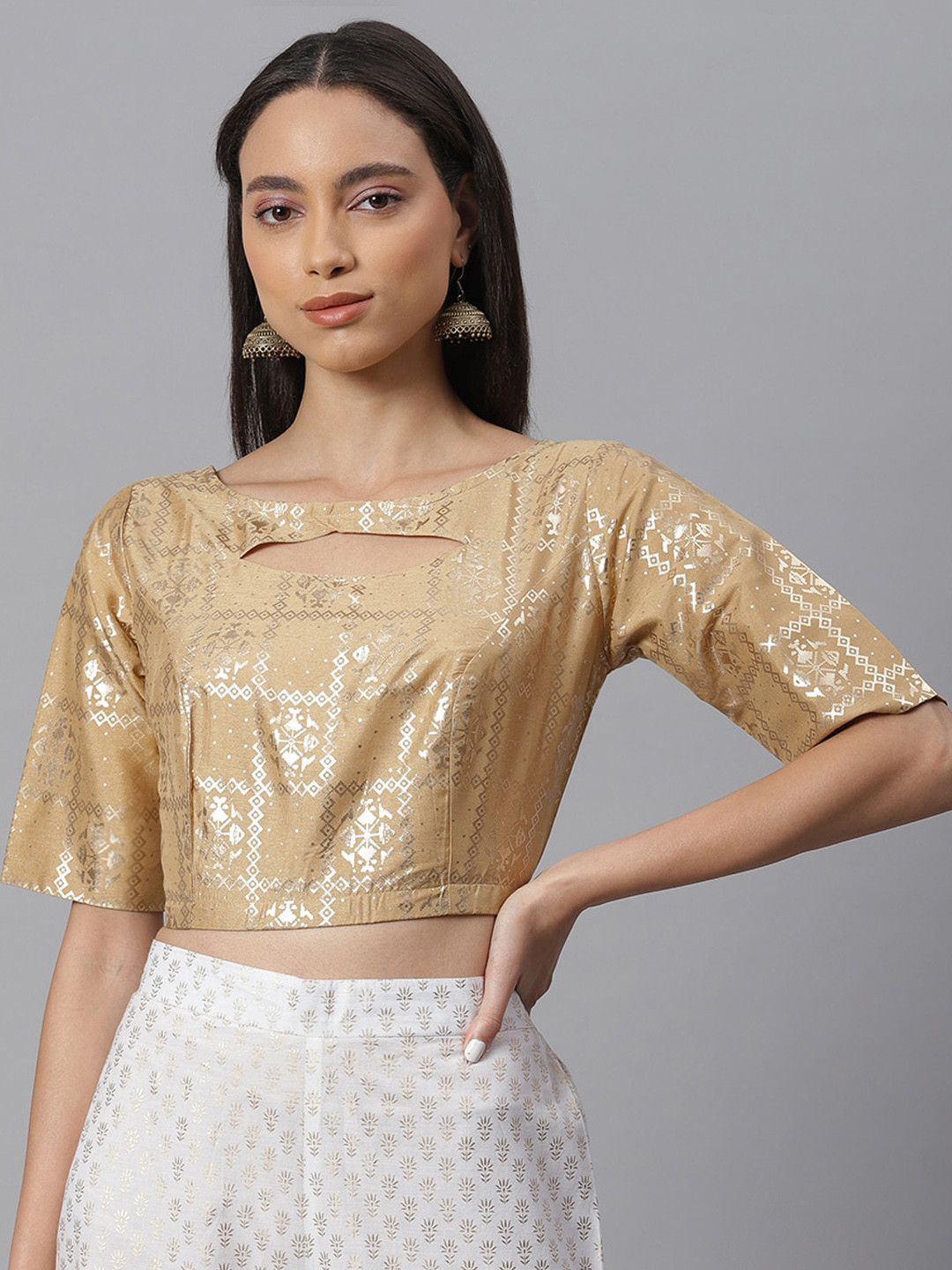 

Janasya Women Gold Printed Poly Silk Stitched Blouse