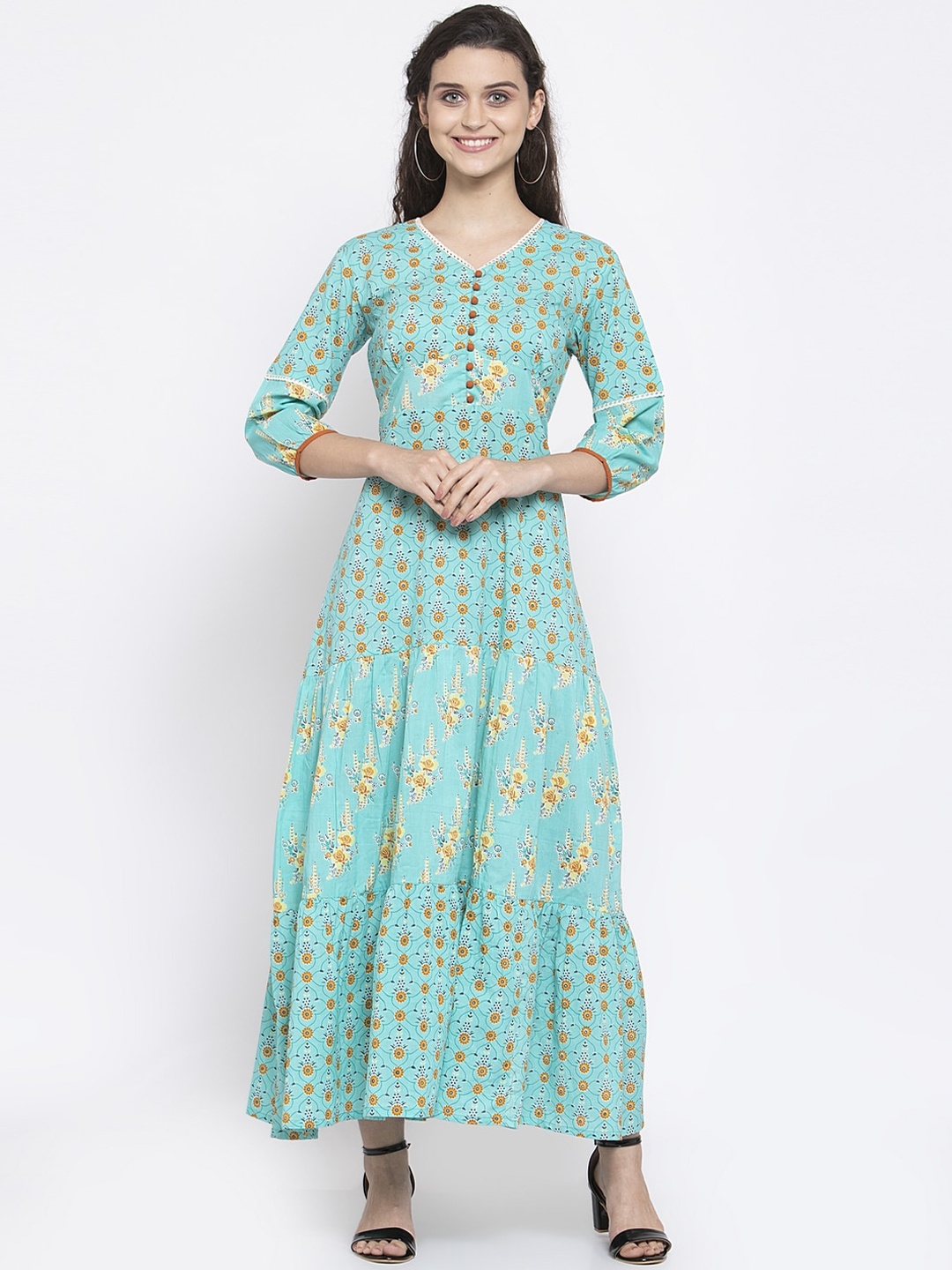 

Indibelle Women Blue & Orange Ethnic Motifs Printed Tiering Kurta