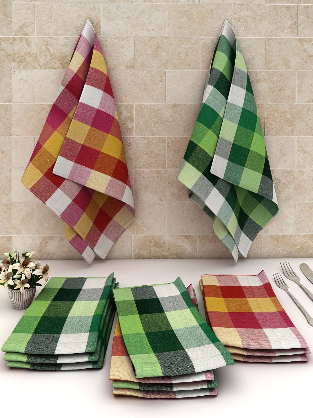 

Athom Trendz Set Of 12 Checked Cotton Multipurpose Kitchen Towels, Green