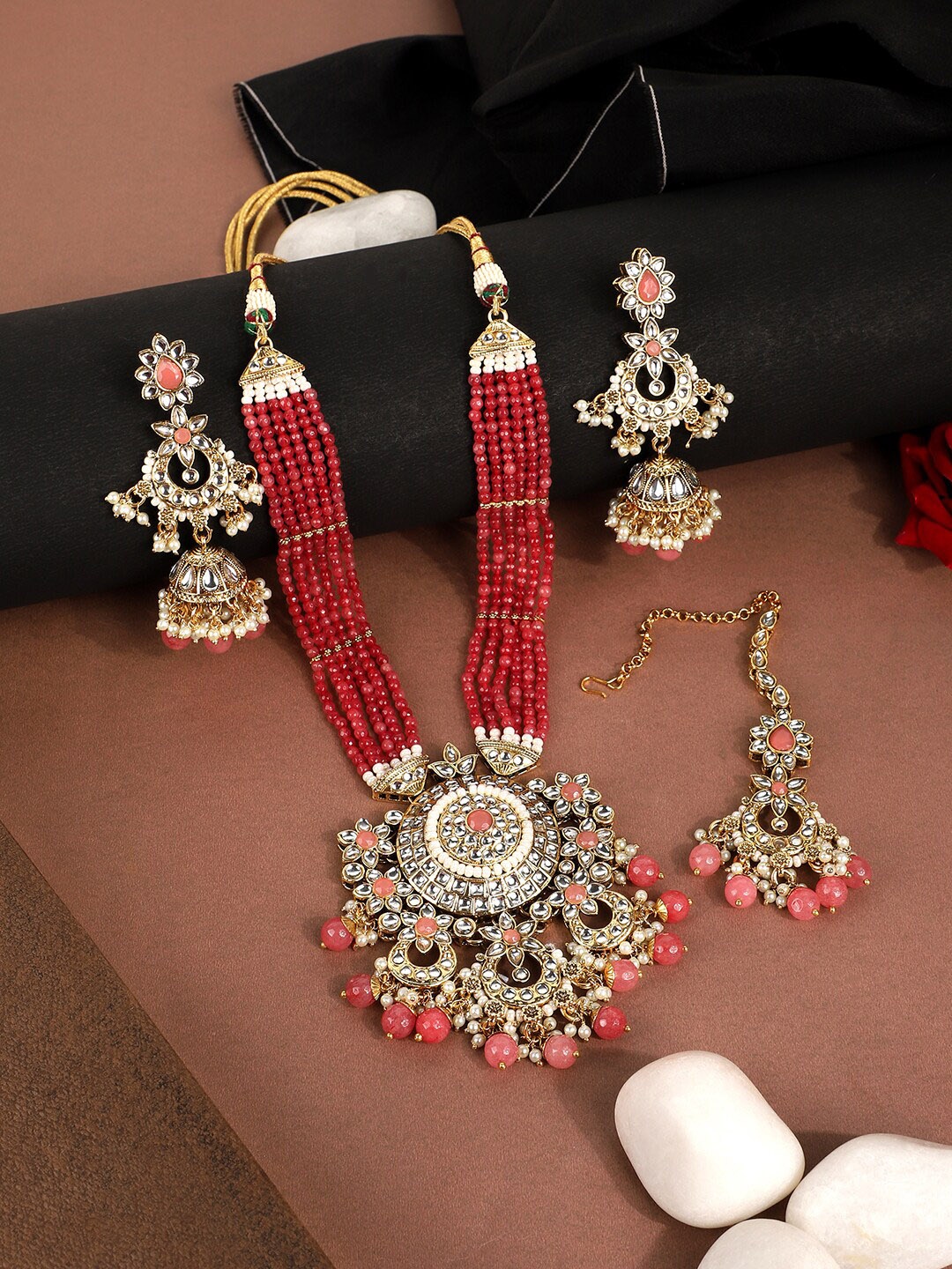 

ANIKAS CREATION Gold-Plated Maroon & White Beaded Handcrafted Jewellery Set