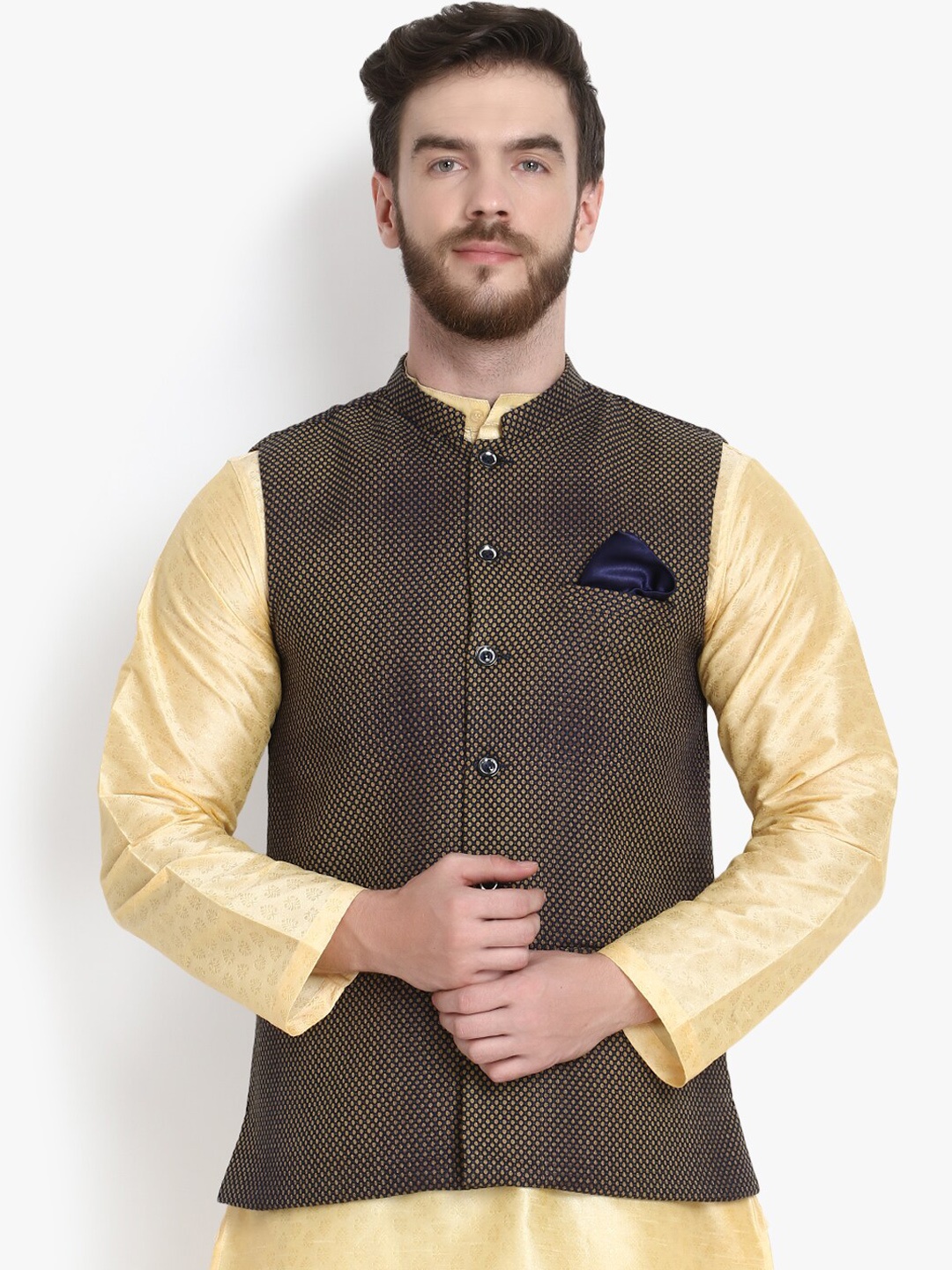 

KLOTTHE Men Brown Woven Design Wool Blend Nehru Jacket