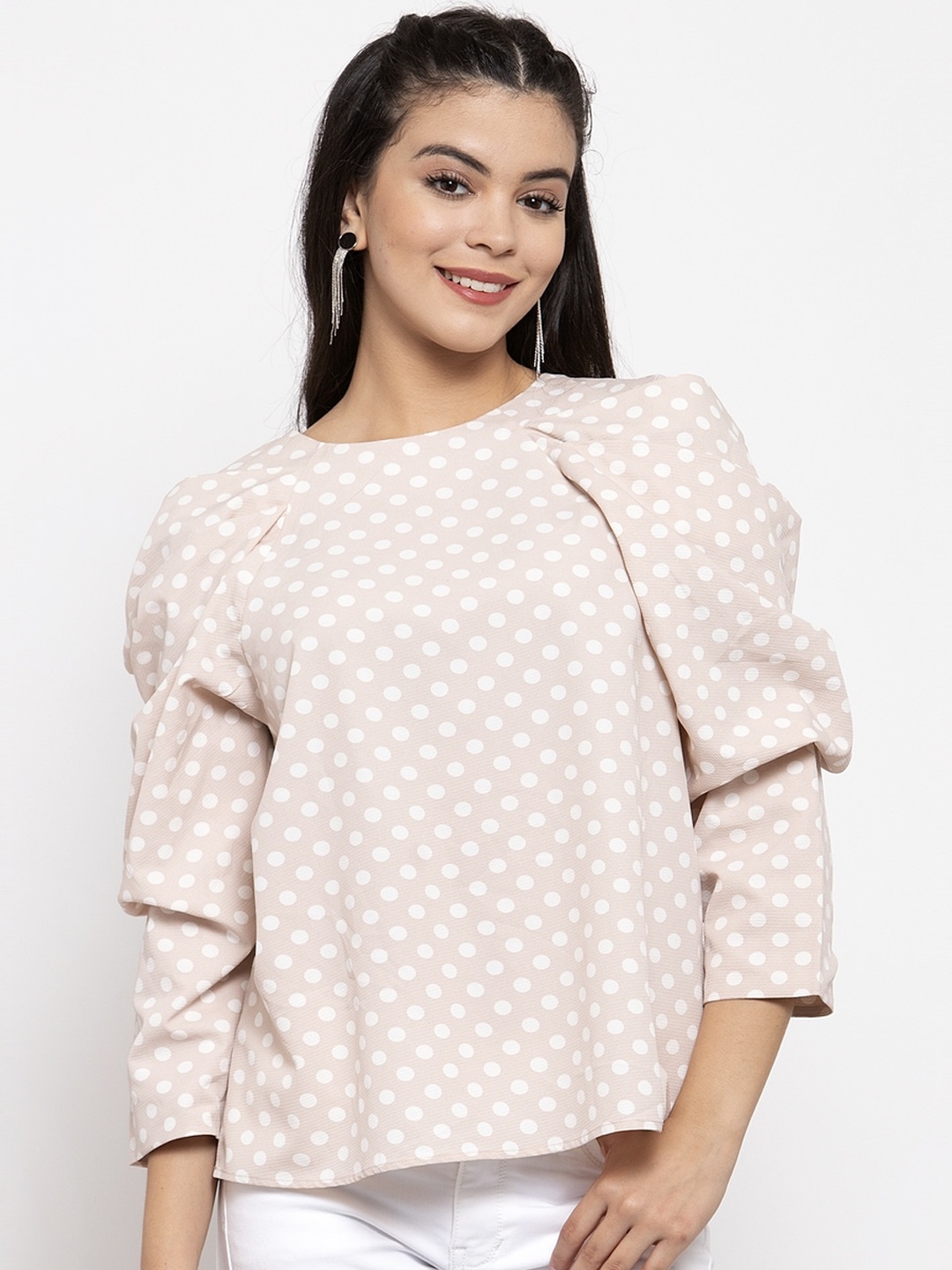 

KASSUALLY Mauve & White Polka Dot Printed Regular Top