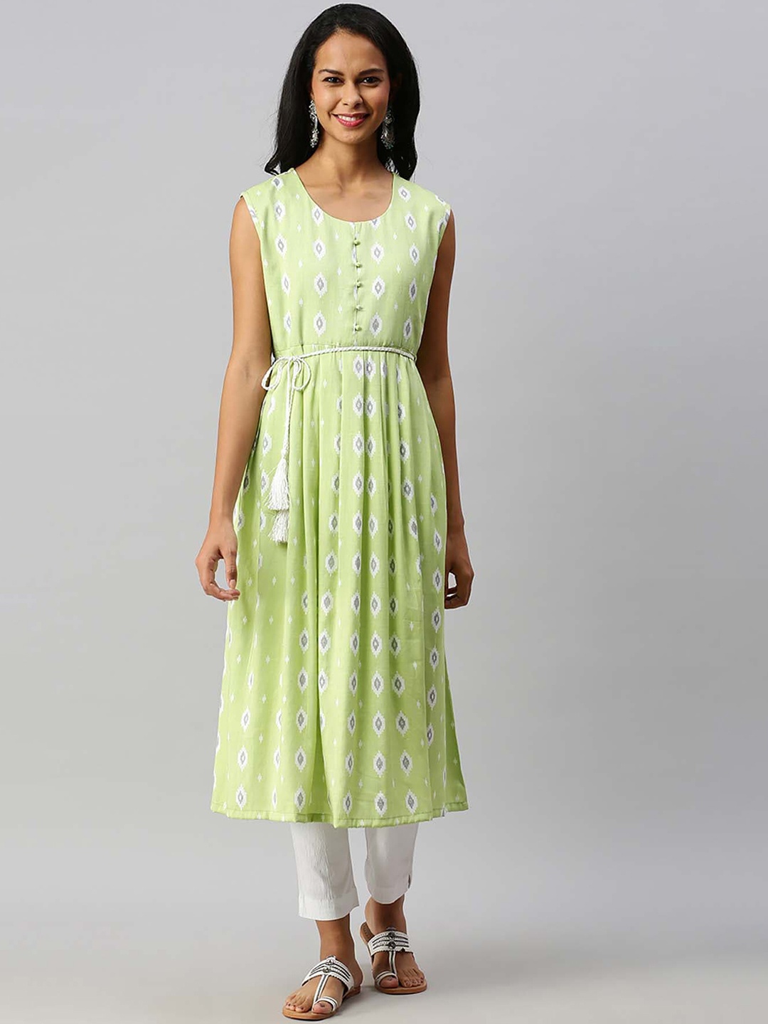 

Soch Women Green & White Geometric Print Gathered Sleeveless A-Line Kurta with Belt
