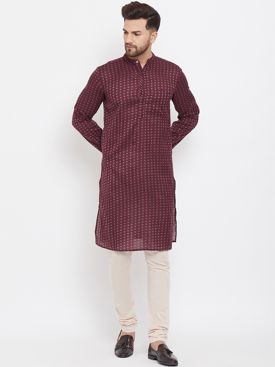 

even Men Maroon & Grey Geometric Straight Kurta