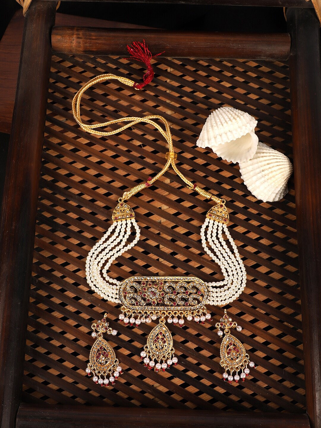 

ANIKAS CREATION Gold-Plated White & Red Stone-Studded Beaded Handcrafted Jewellery Set