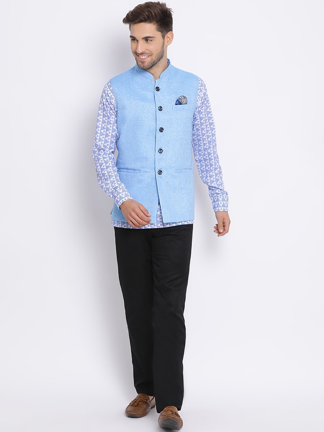 

Hangup Men Blue & Black Printed Kurta with Trousers & Nehru Jacket