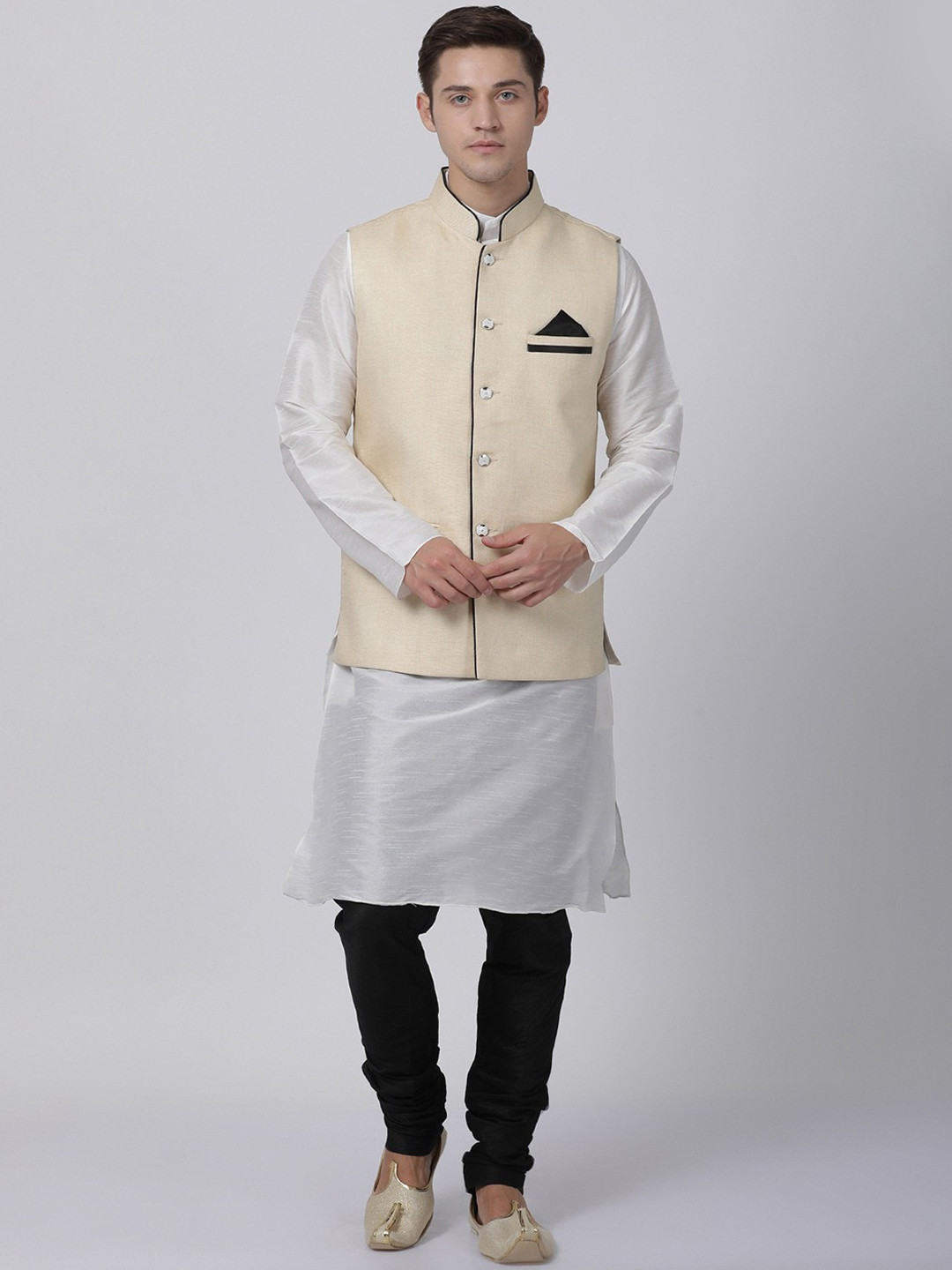 

TABARD Men Off-White & Black Solid Dupion Silk Kurta with Churidar & Jacket