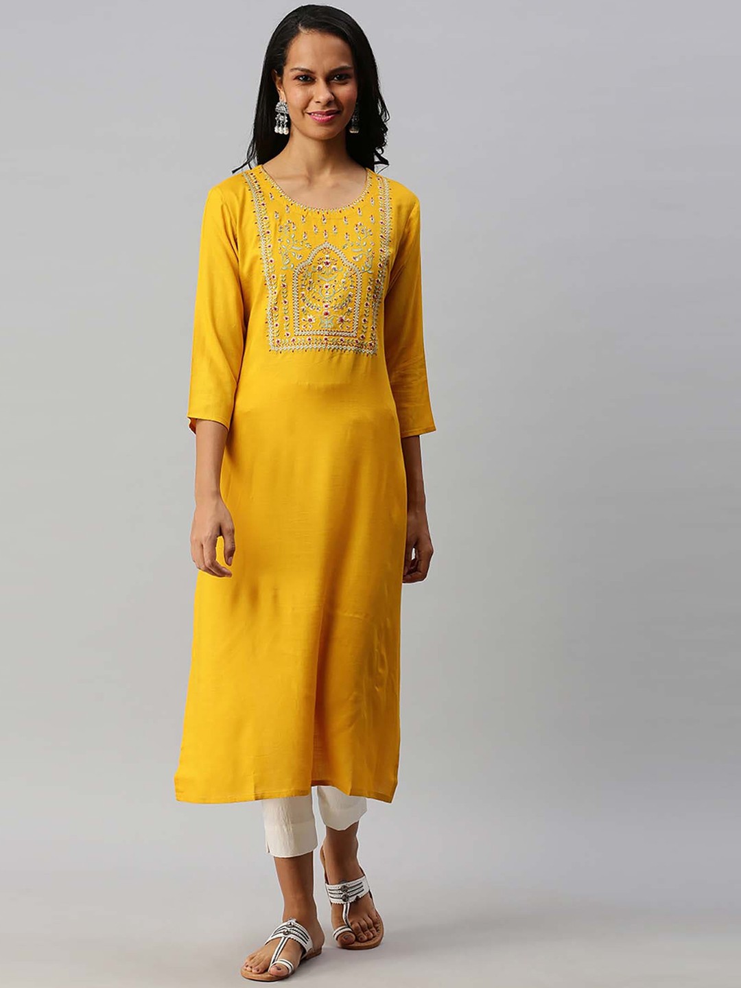 Soch Women Mustard Yellow & Red Ethnic Motifs Embroidered Thread Work Kurta