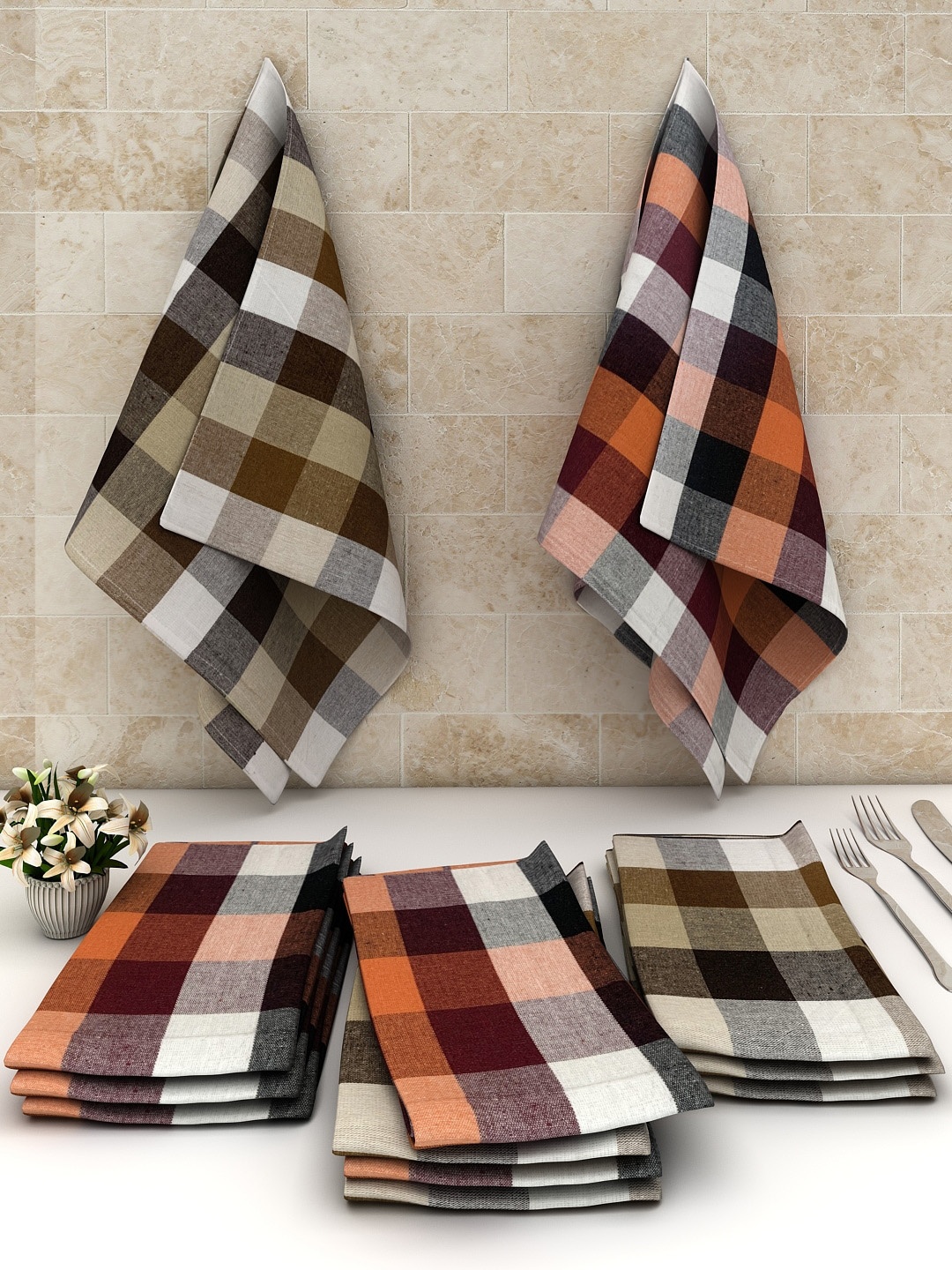 

Athom Trendz Set Of 12 Checked Kitchen Towels, Orange