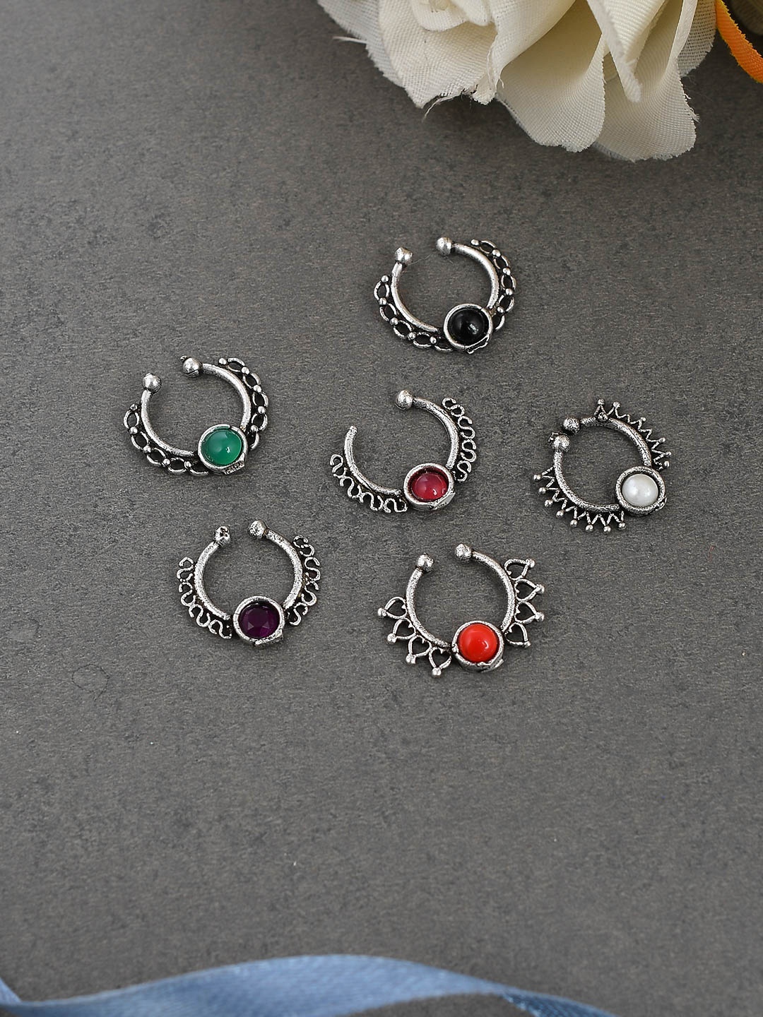 

Silvermerc Designs Set Of 6 Oxidized Silver-Plated Beaded Septum Nose Rings
