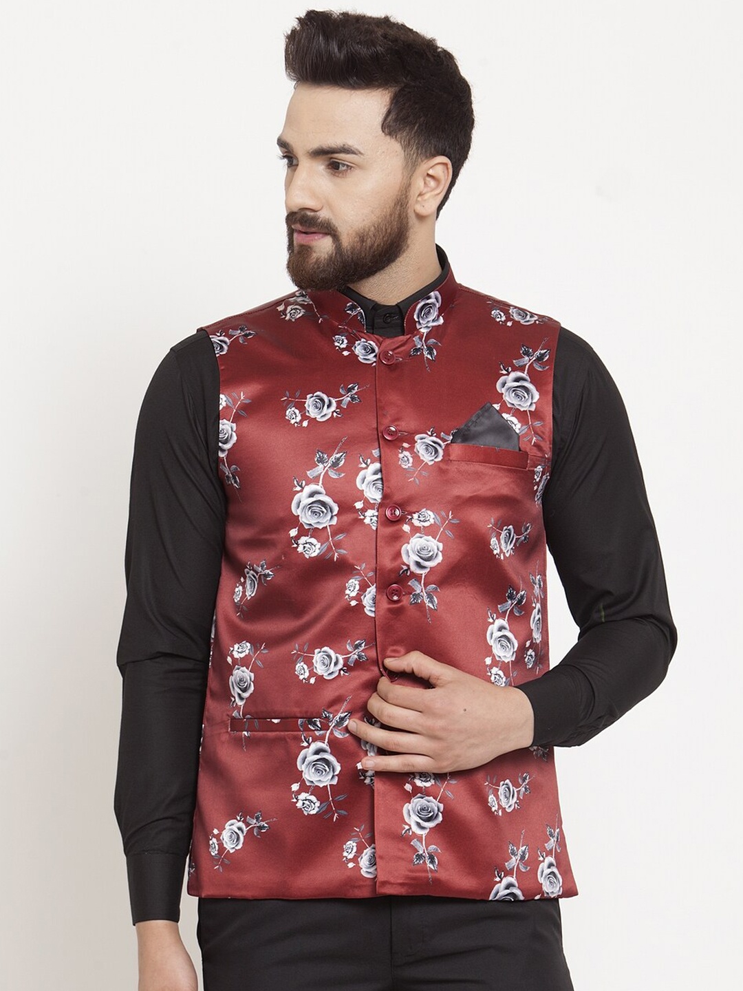 

KLOTTHE Men Printed Cotton Blend Nehru Jacket, Maroon