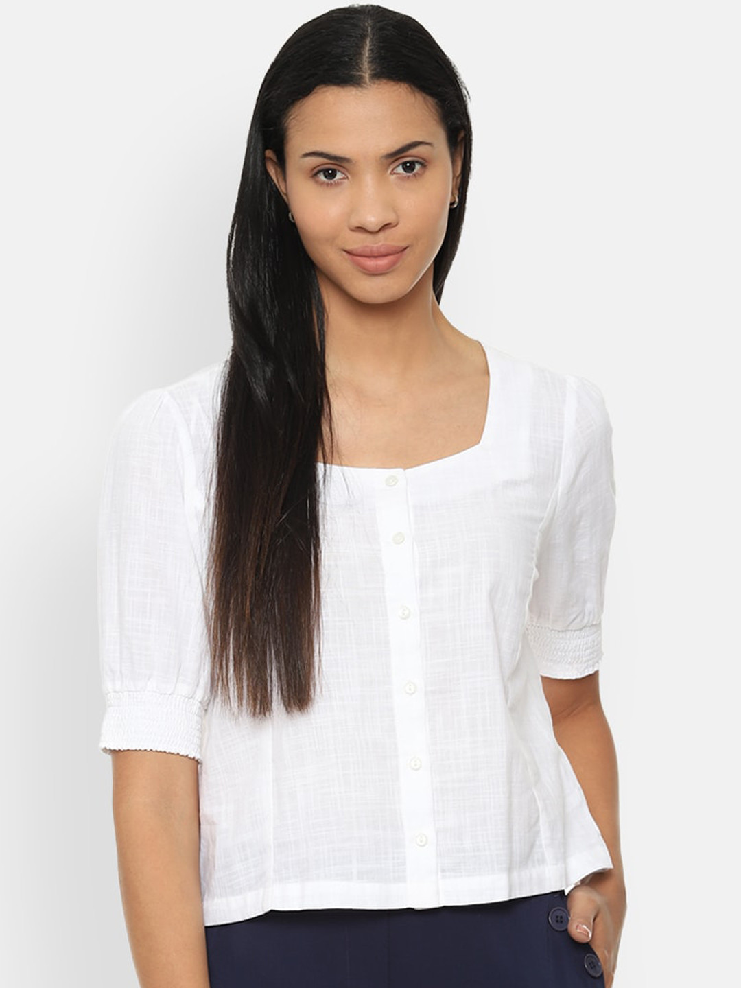 

Van Heusen Woman White Puff Sleeves Pure Cotton Regular Top