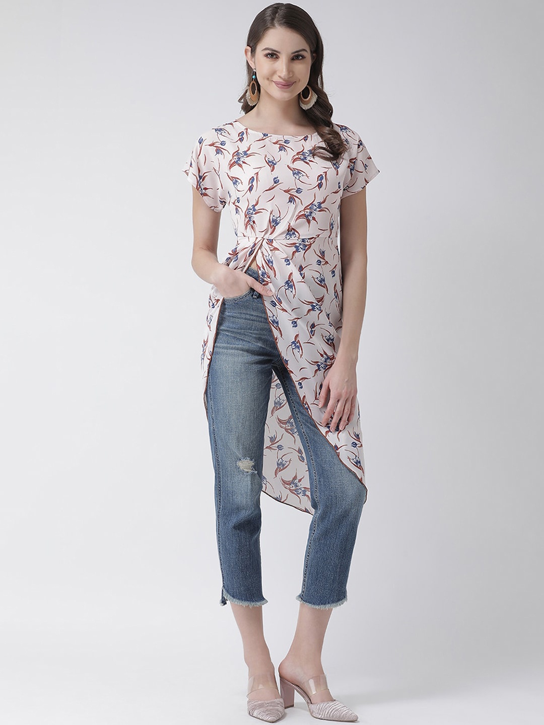

KASSUALLY Off-White & Maroon Floral Print Twisted High-Low Longline Top, Nude