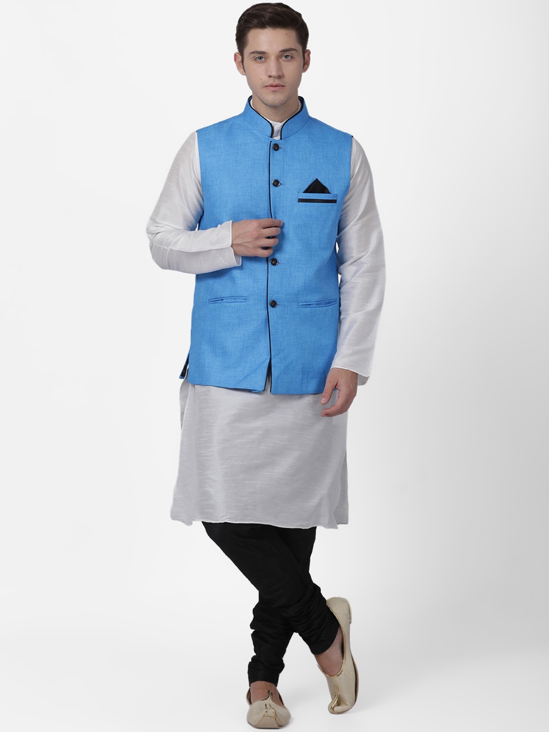 

TABARD Men Off White & Black Solid Kurta with Churidar & Nehru Jacket