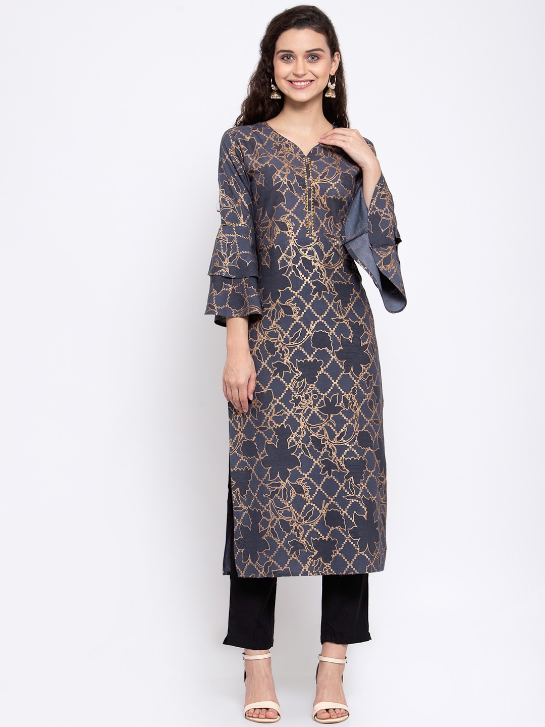 

Indibelle Women Grey & Black Printed Kurta with Trousers