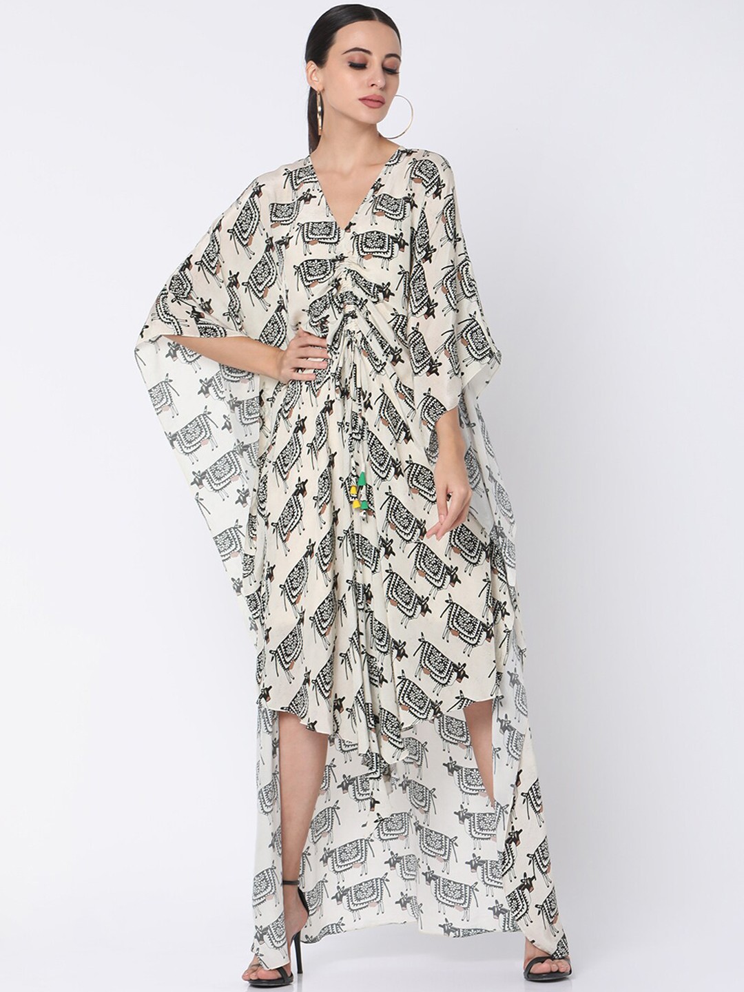 

Masaba Women Off-White & Black Cow Print Ruched Effect Kaftan Dress