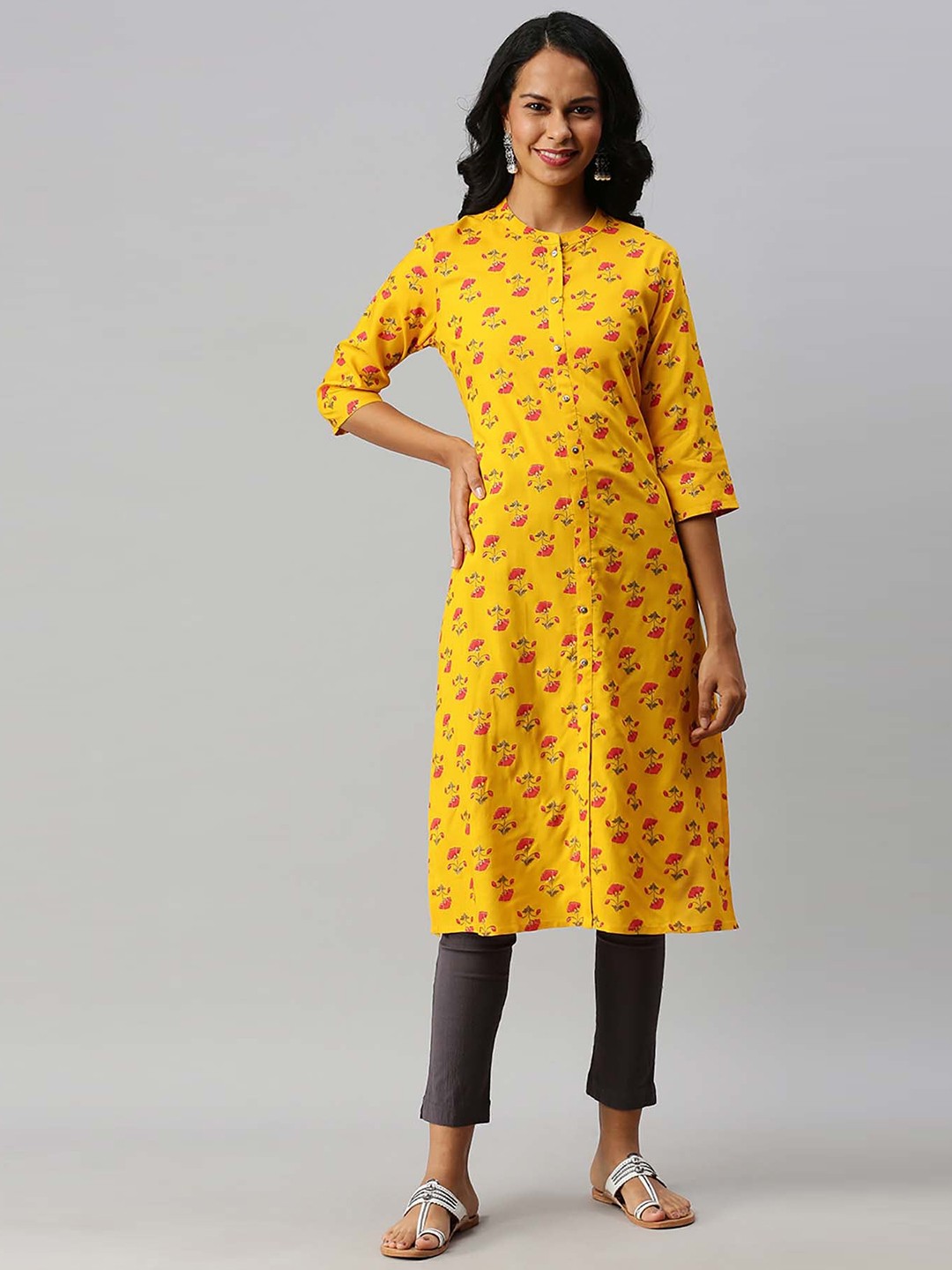 

Soch Women Mustard Yellow & Pink Floral Print Straight Kurta