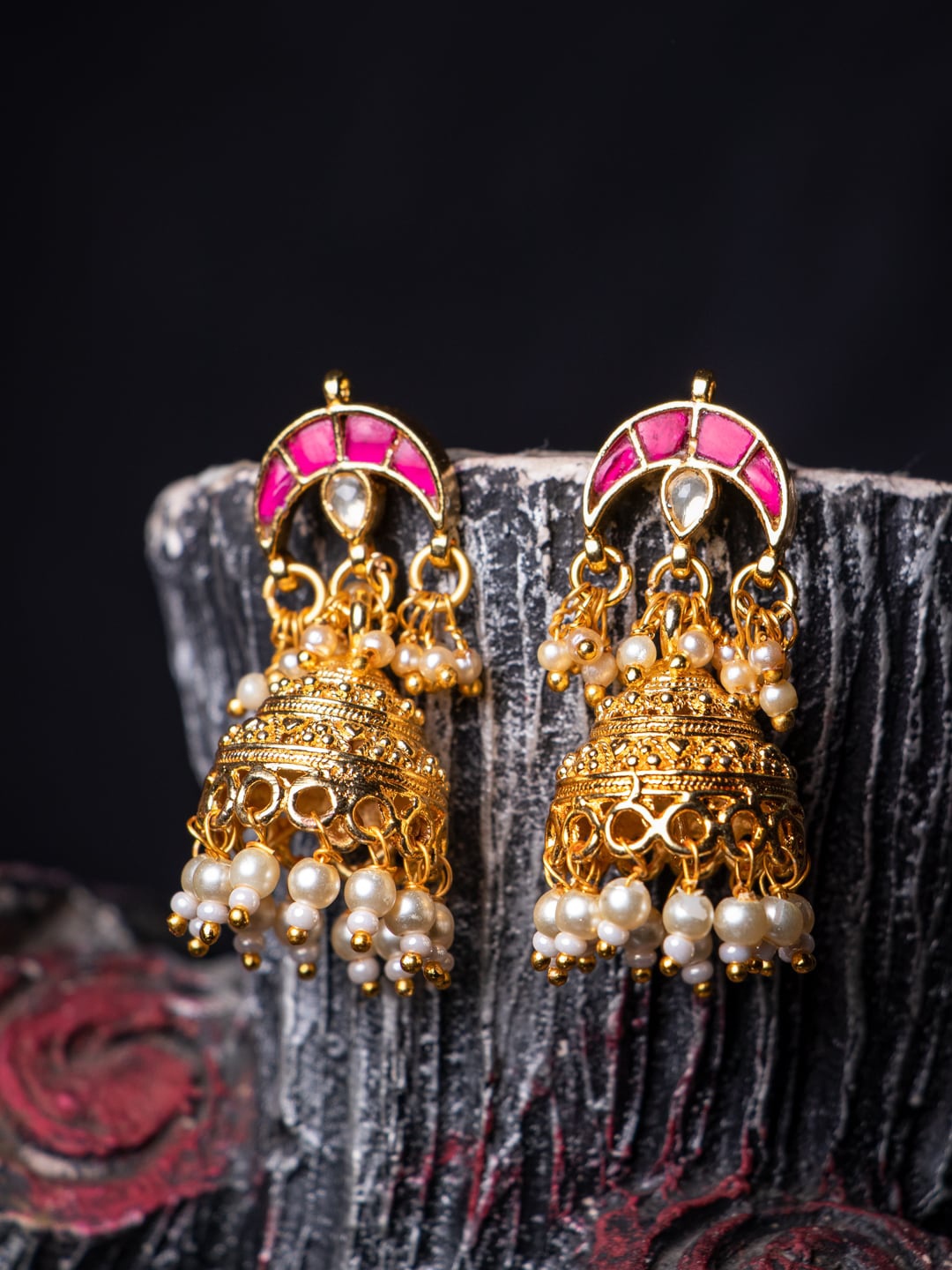 

MORKANTH JEWELLERY Pink 24K Gold Plated Dome Shaped Jhumkas