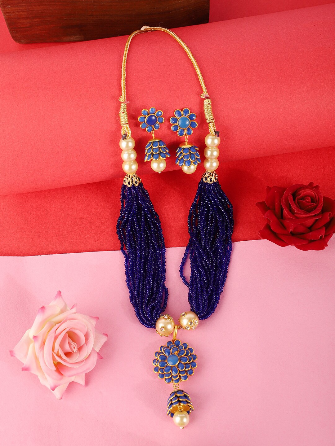 ANIKAS CREATION Gold-Plated Blue & Off White Pearl Beaded Handcrafted Jewellery Set