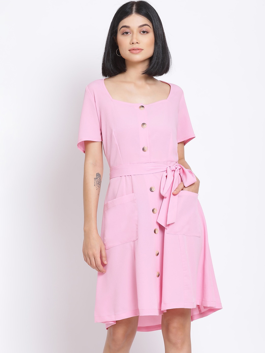 

Oxolloxo Women Pink Solid Fit and Flare Dress