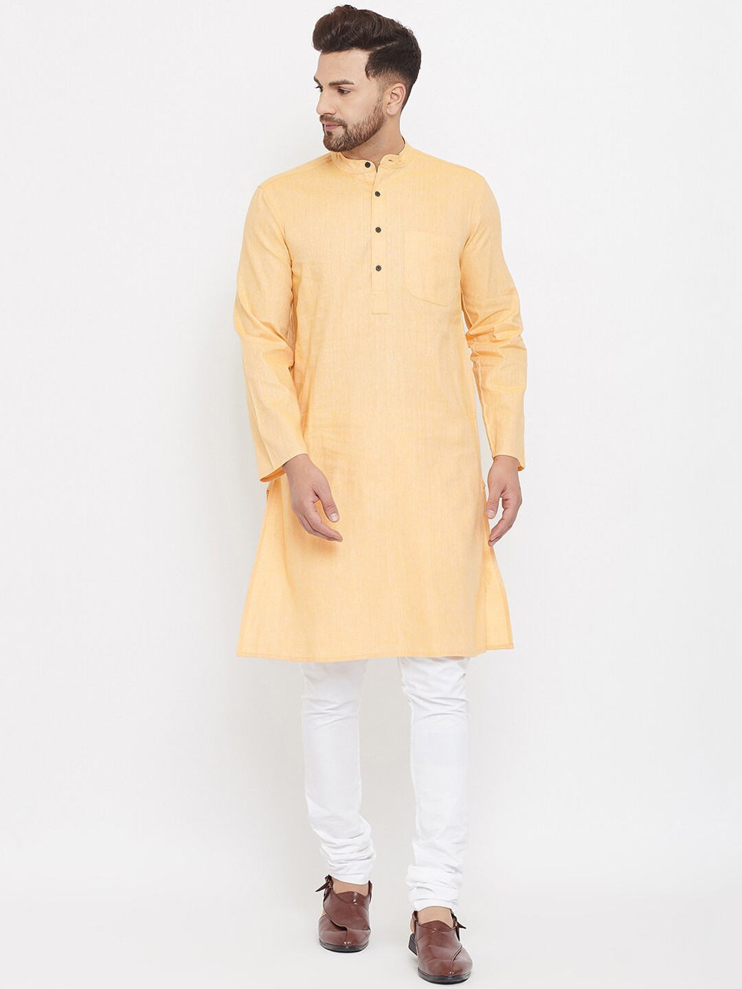 

even Men Yellow Solid Pure Cotton Kurta