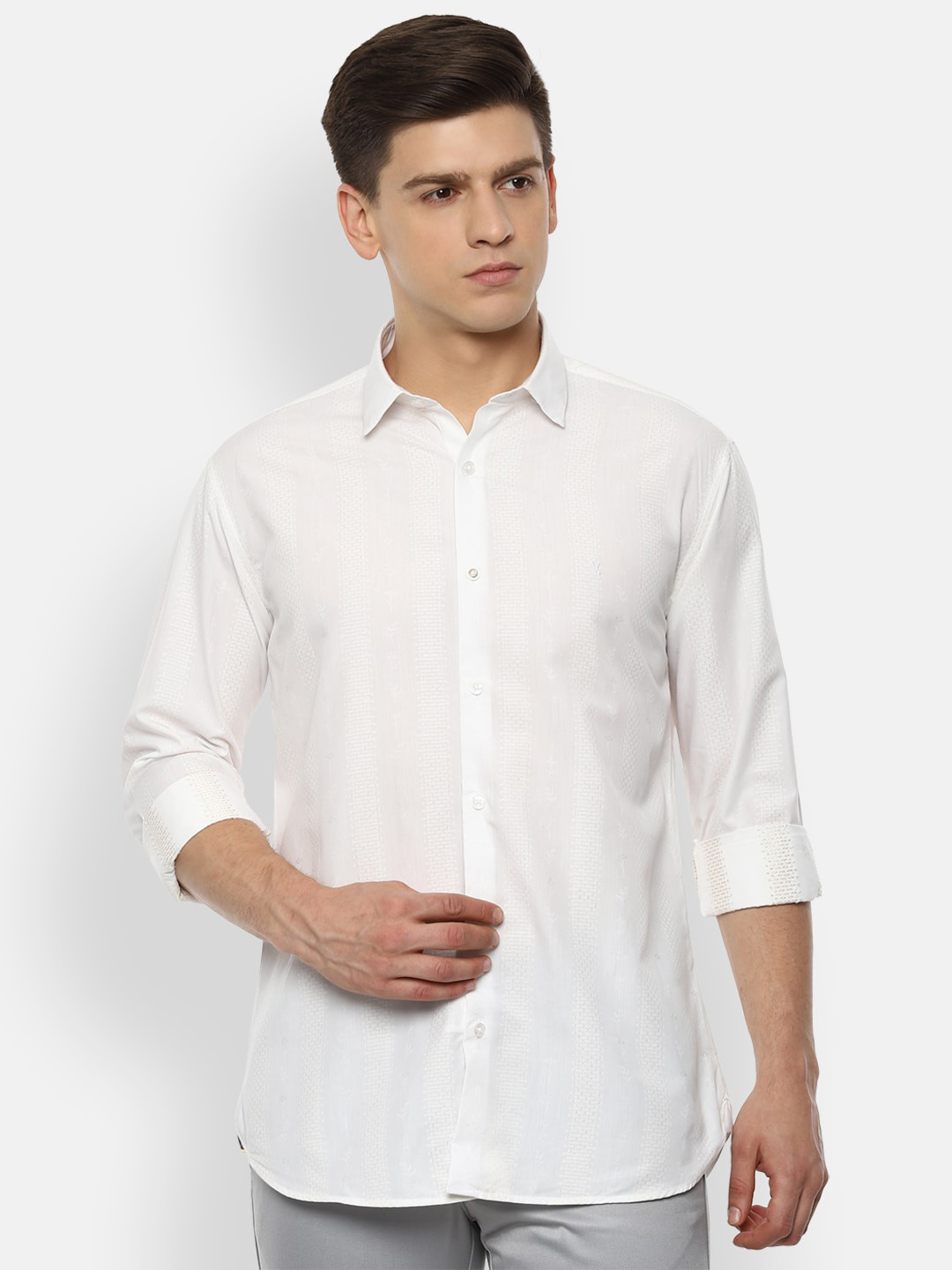 

V Dot Men White Slim Fit Self Striped Casual Shirt