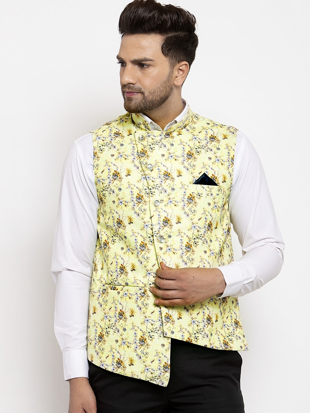 

KLOTTHE Men Yellow Printed Cotton Blend Nehru Jacket