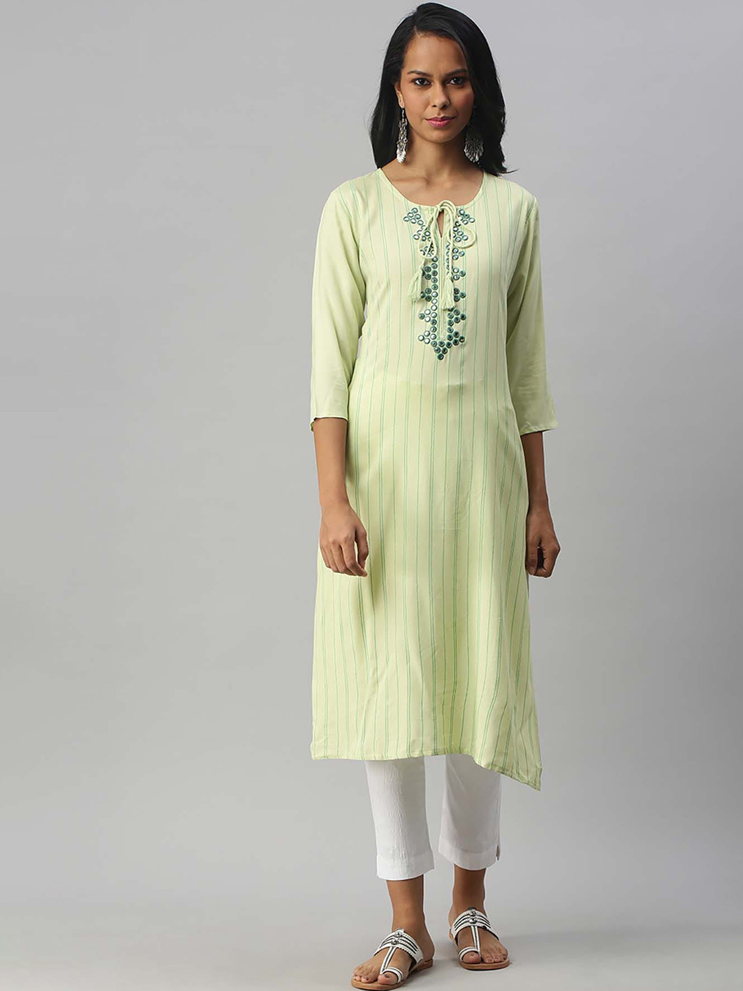 

Soch Women Green Striped Mirror Work Straight Kurta