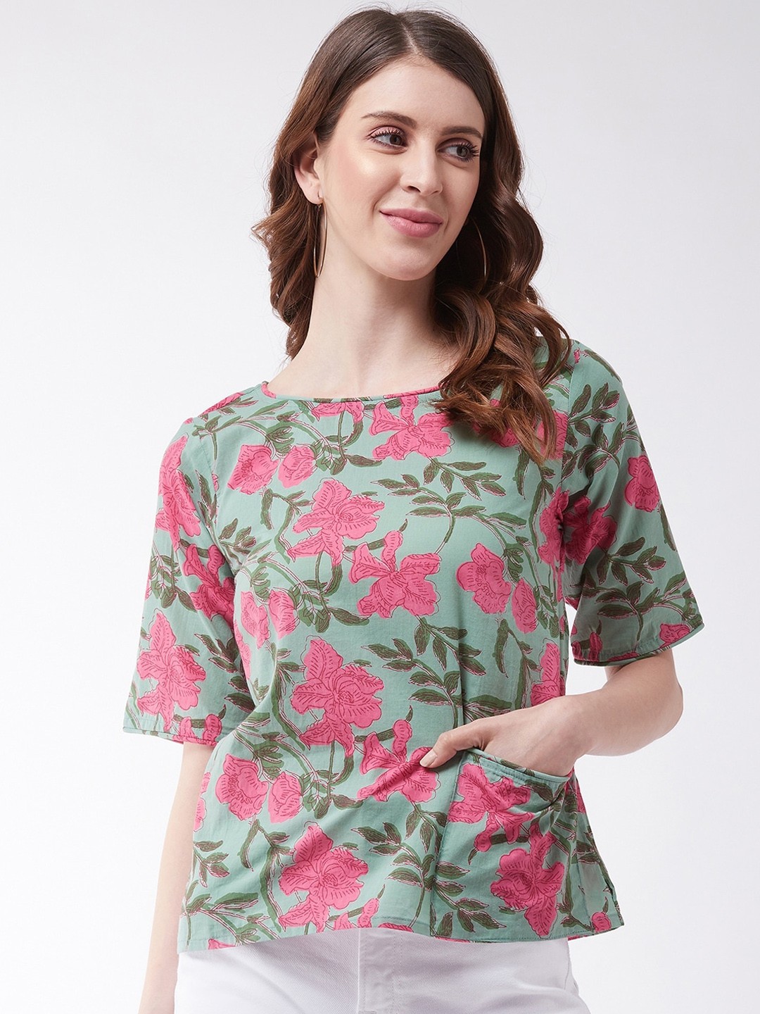 

InWeave Green & Pink Floral Printed Pure Cotton Top