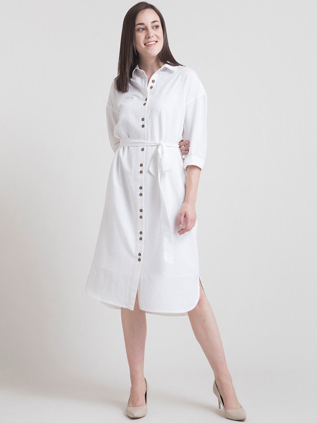 FableStreet Women White Solid Pure Cotton Shirt Dress