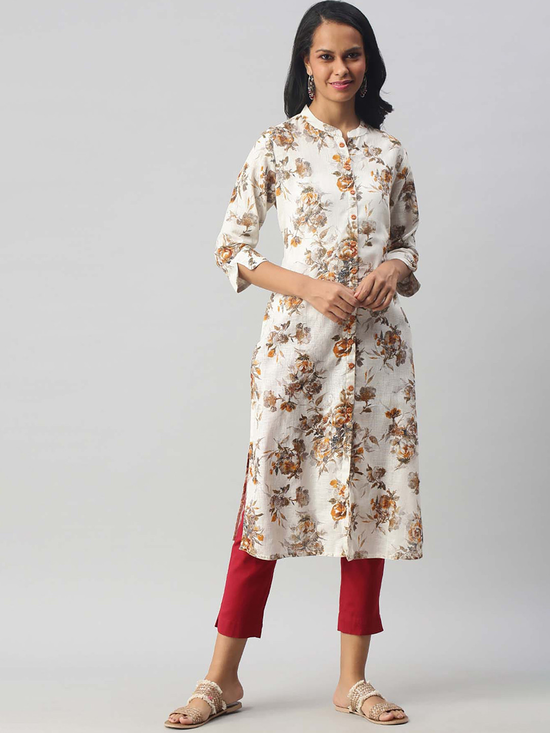 

Soch Women White & Mustard Yellow Floral Print Straight Kurta