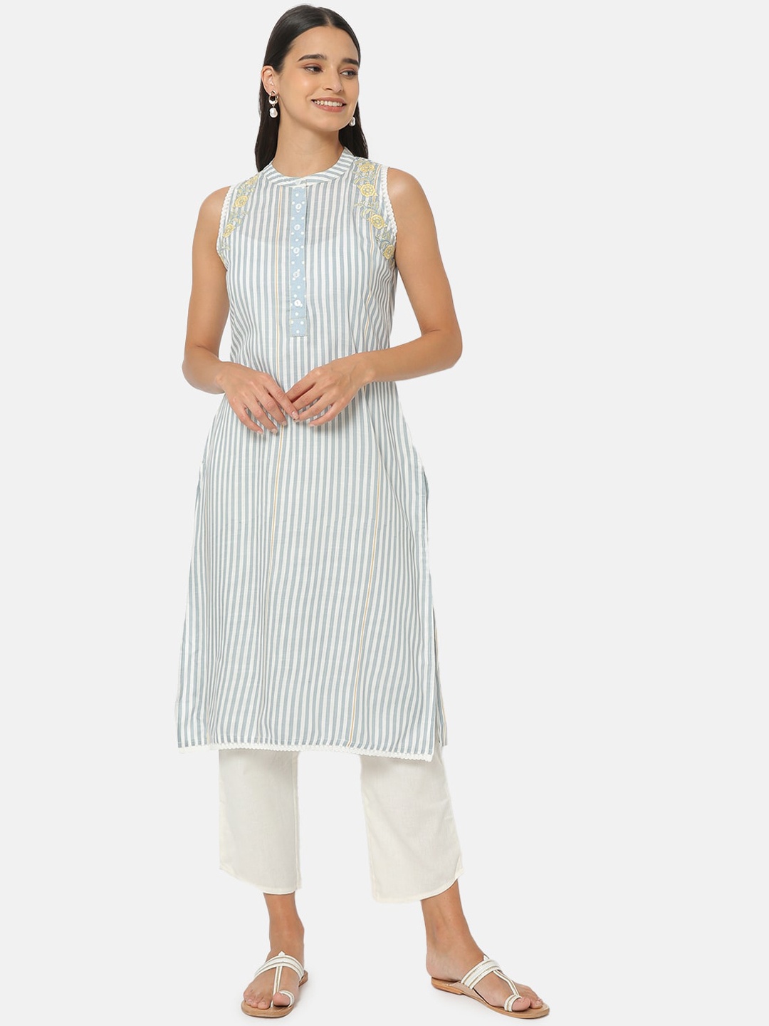 

Saaki Women Blue & White Striped Thread Work Sleeveless Kurta