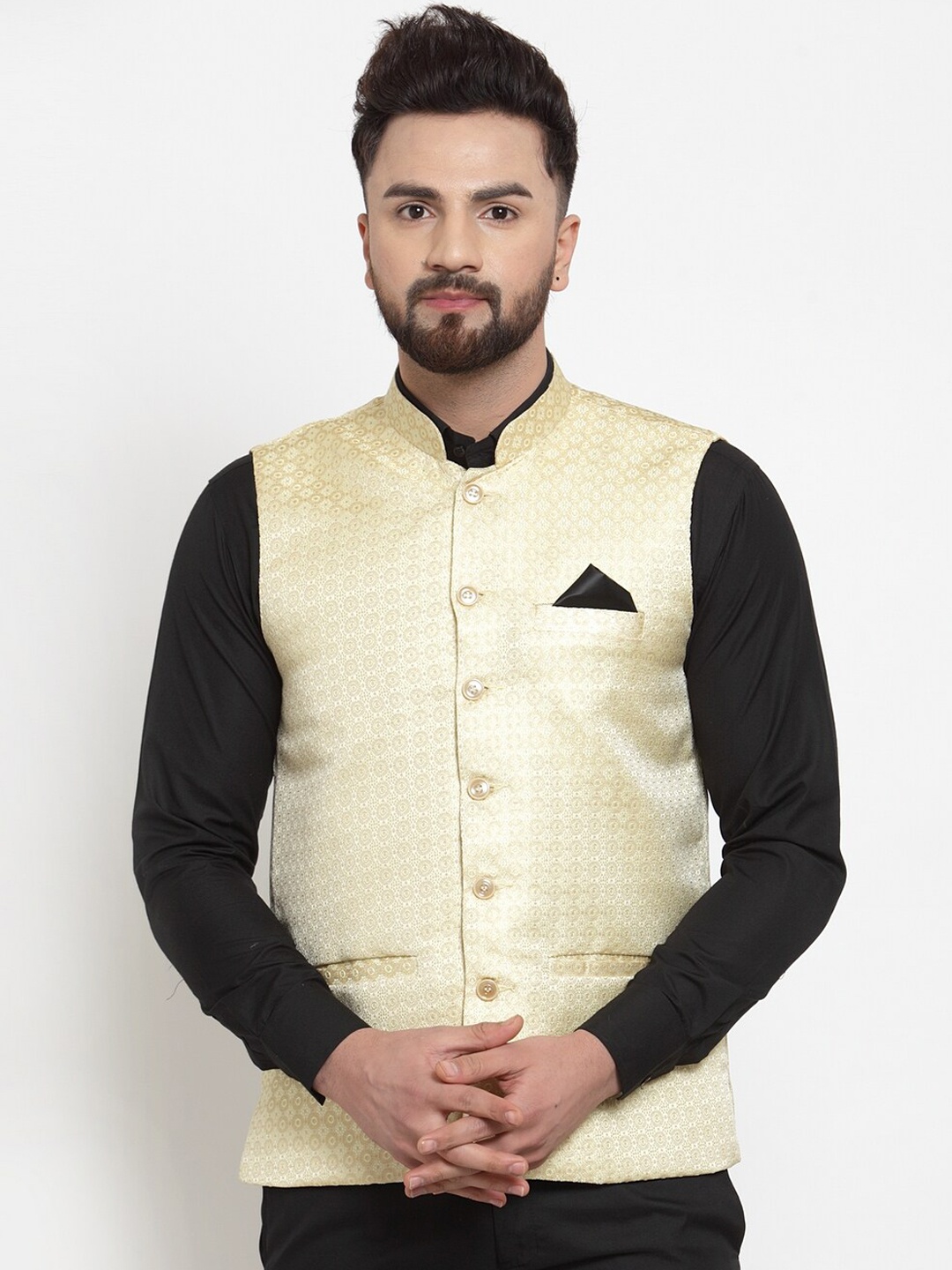 

KLOTTHE Men Beige Woven-Design Silk Blend Nehru Jacket
