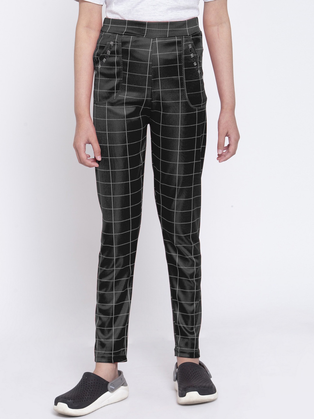 

KLOTTHE Girls Black & White Checked Slim-Fit Ankle-Length Treggings