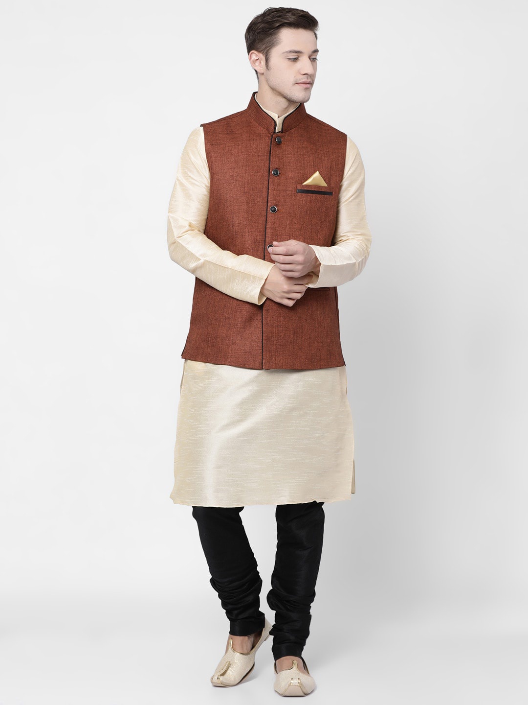 

TABARD Men Beige & Black Solid Kurta with Churidar & Nehru Jacket