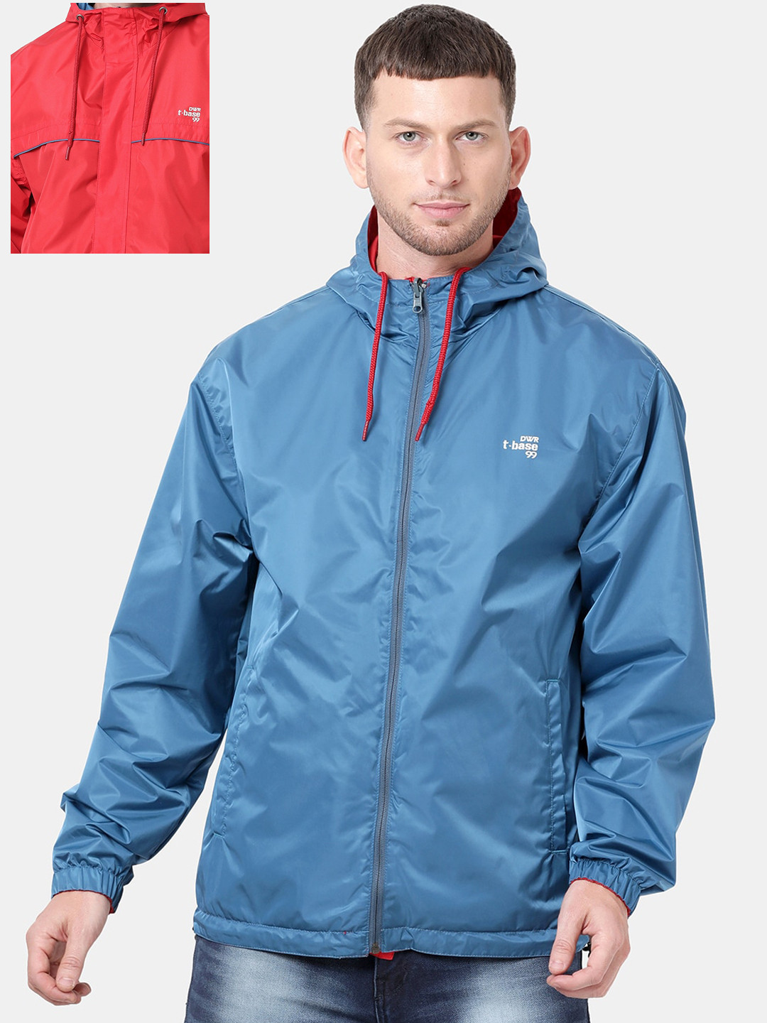 

t-base Men Red & Blue Solid Waterproof Reversible Rain Jacket